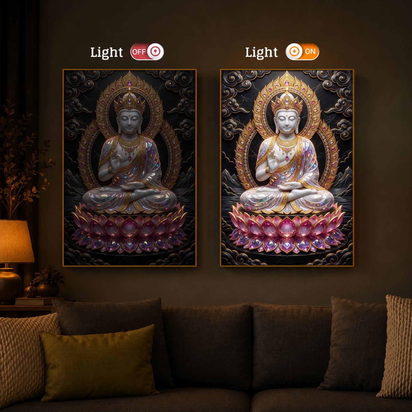Buddha Seated On A Pink Lotus Modern Luxury Backlight Vertical Wall Art