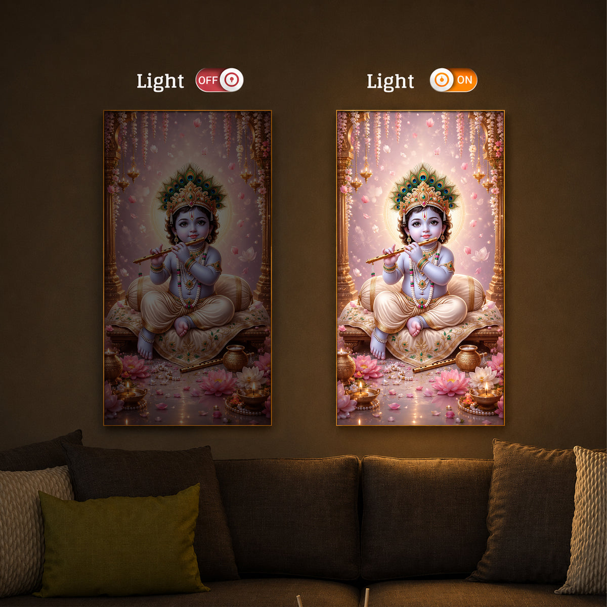 Little Laddu Gopal Playing Flute Modern Luxury Backlight Vertical Wall Art