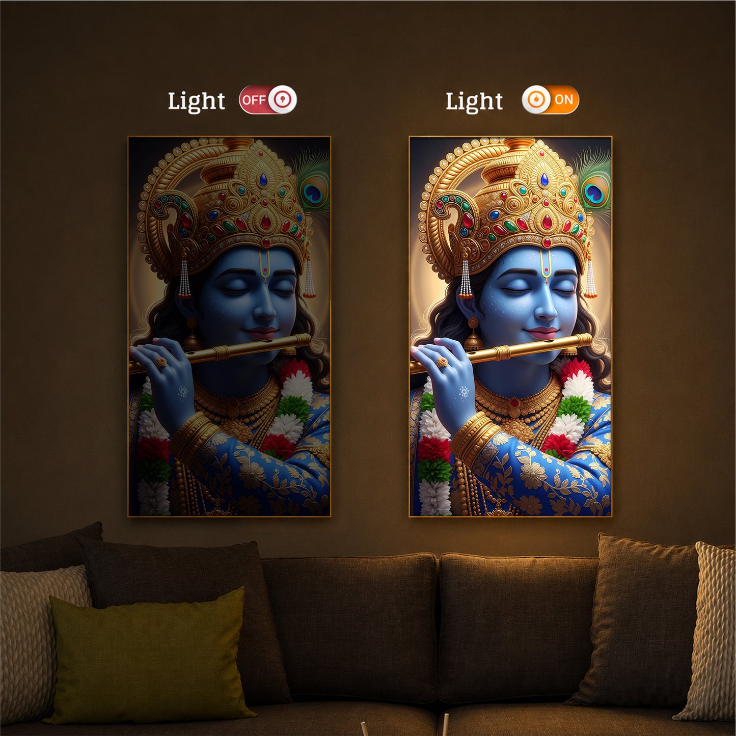 Lord Krishna Modern Luxury Backlight Vertical Wall Art