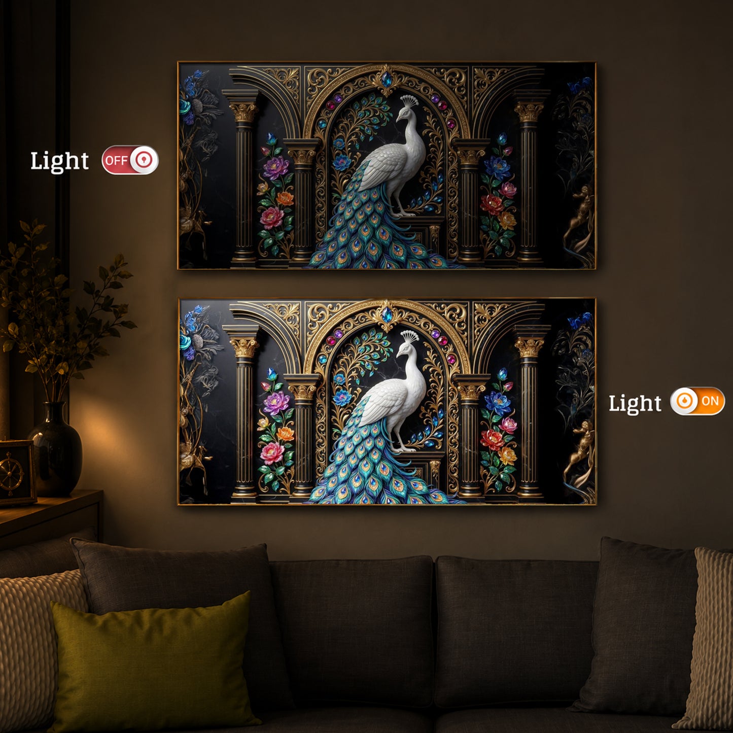 White Peacock Against A Dark Modern Luxury Backlight Horizontal Wall Art