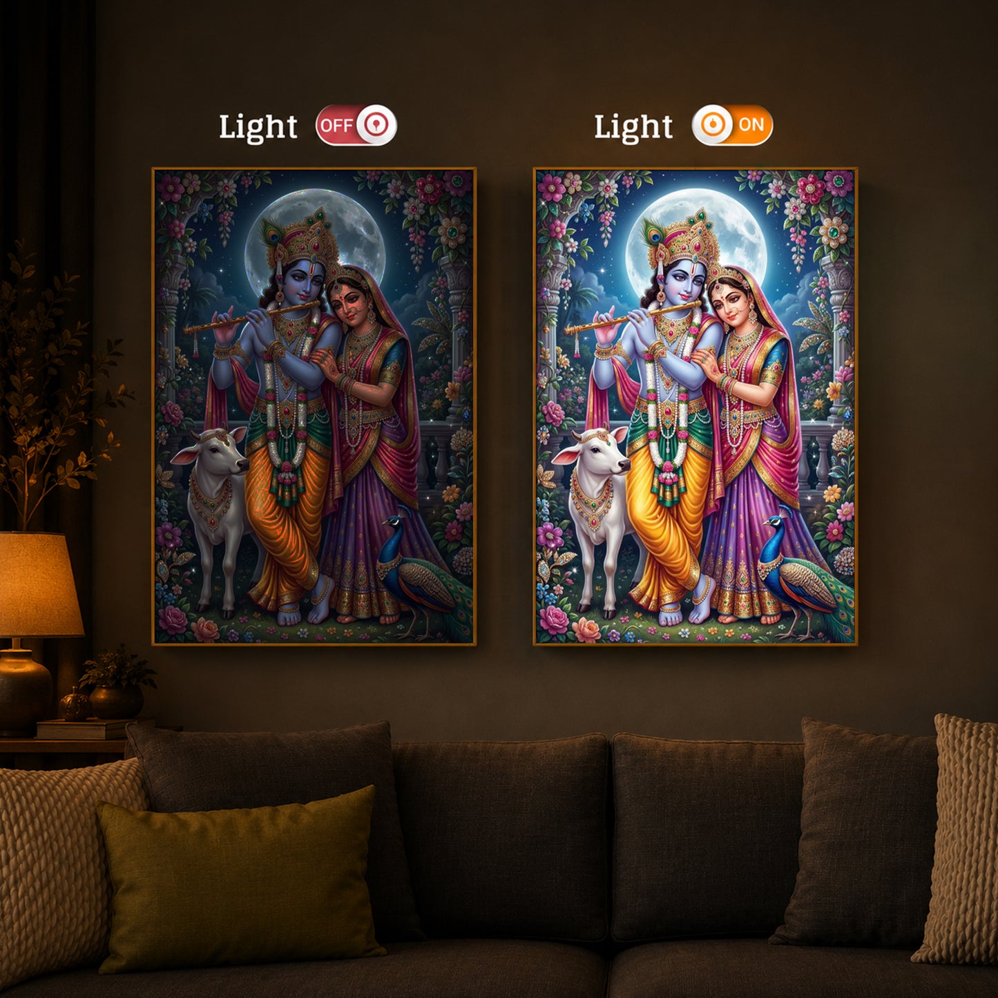 Moonlit Radha Krishna Leela Modern Luxury Backlight Vertical Wall Art