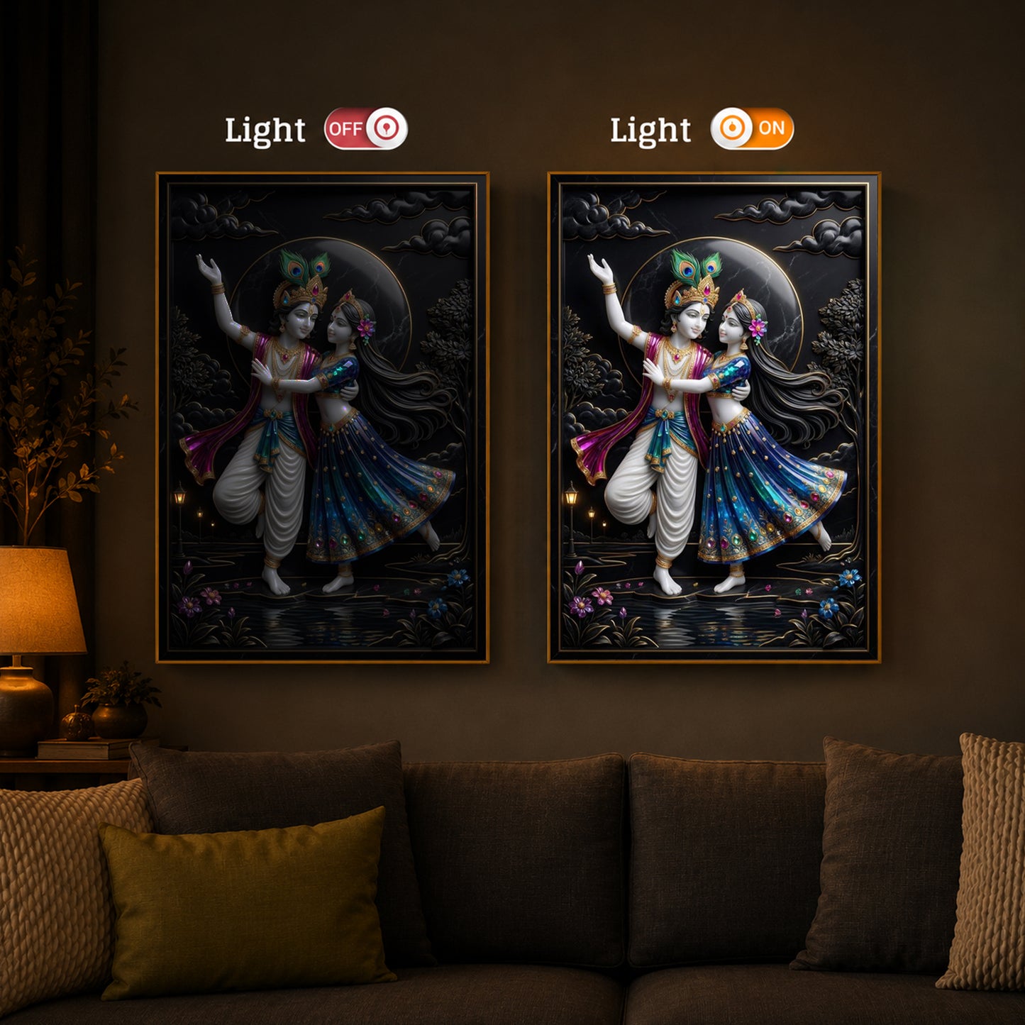 Radha Krishna Dancing Together Modern Luxury Backlight Vertical Wall Art