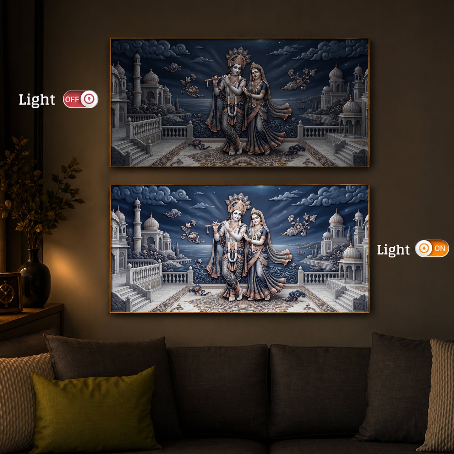 Divine Radha Krishna With Flute Modern Luxury Backlight Horizontal Wall Art