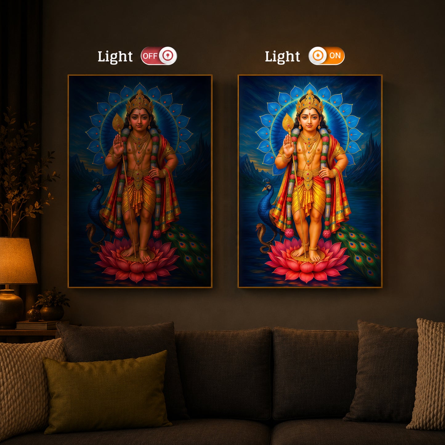 Sri Murugan Ji Modern Luxury Backlight Vertical Wall Art