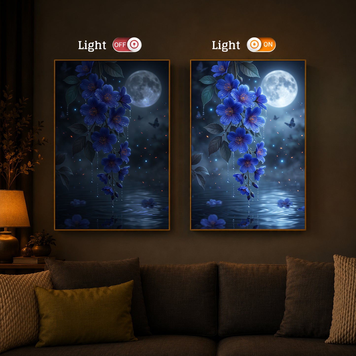 Moonlit Blue Blossoms Modern Luxury Backlight Vertical Wall Art
