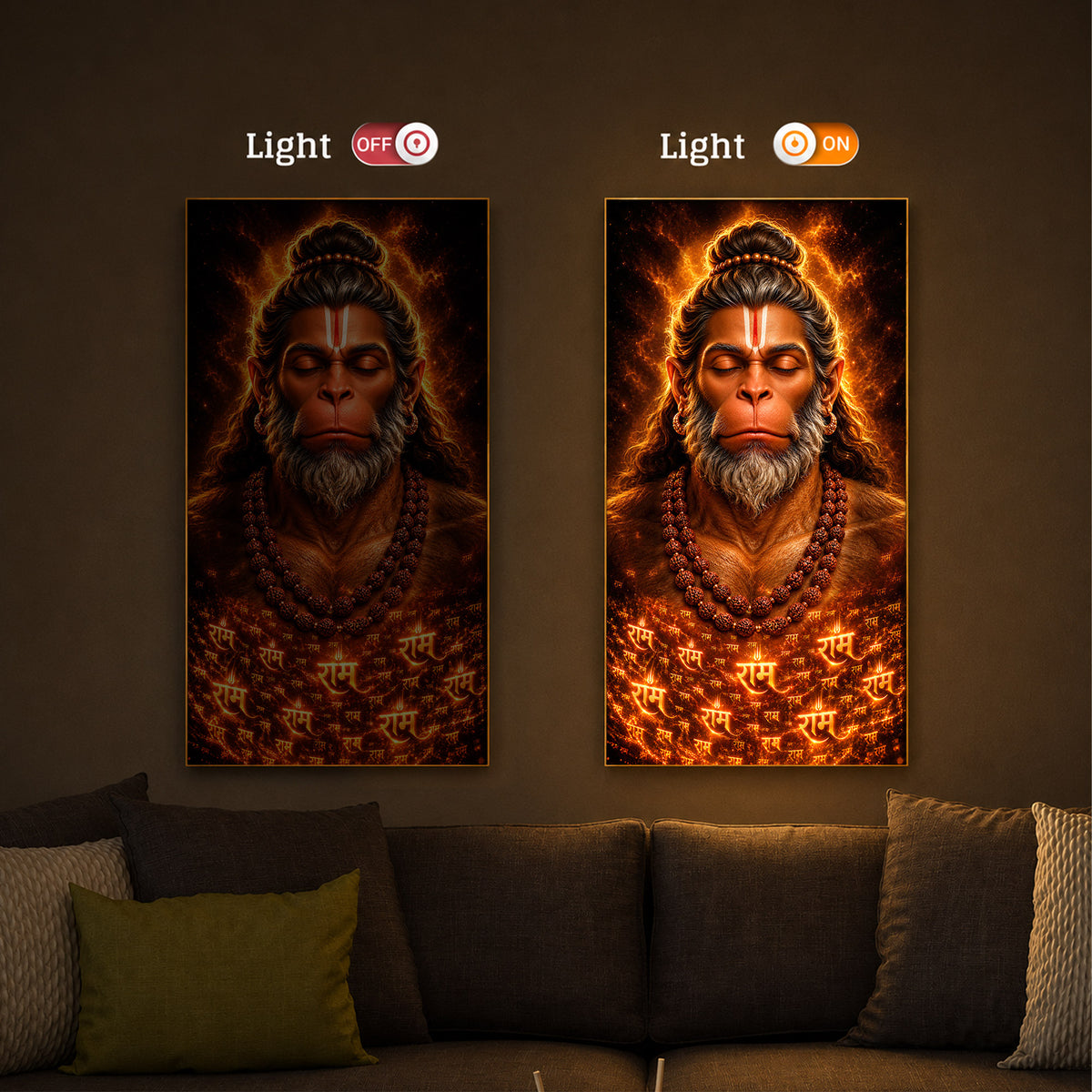 Divine Bajrangbali Meditating Modern Luxury Backlight Vertical Wall Art