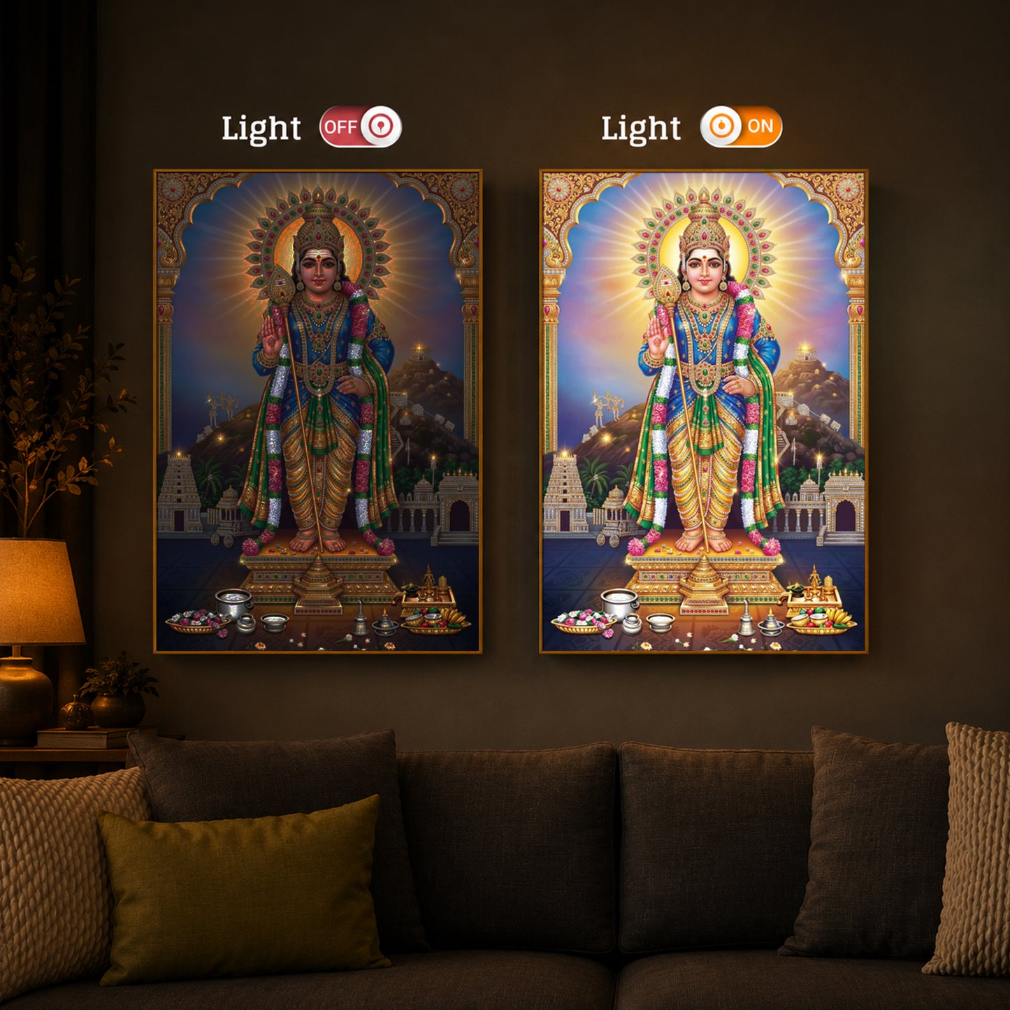 Lord Murugan Kartikeya Modern Luxury Backlight Vertical Wall Art