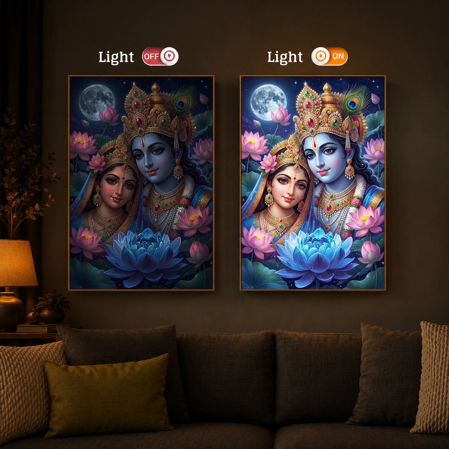 Radha Krishna Divine Togetherness Modern Luxury Backlight Vertical Wall Art
