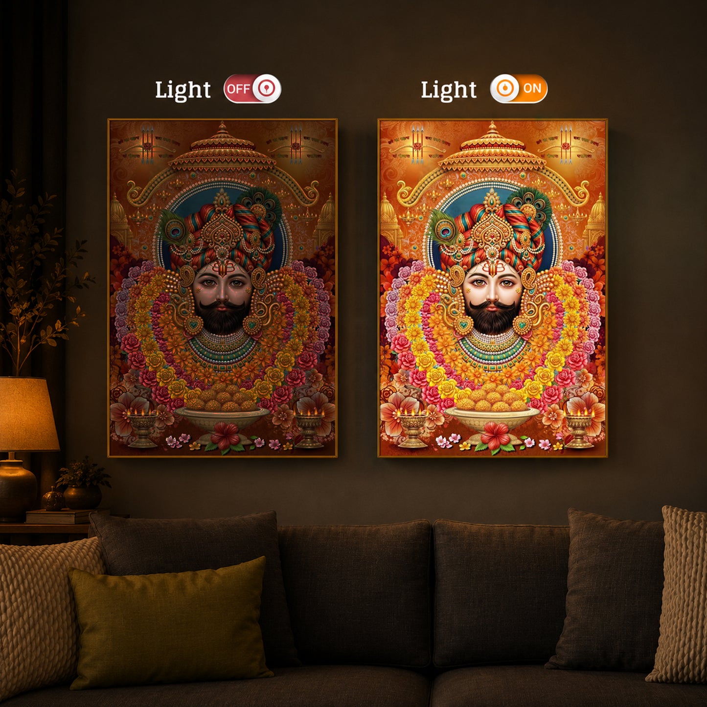 Hindu deity Khatu Shyam Ji Modern Luxury Backlight Vertical Wall Art