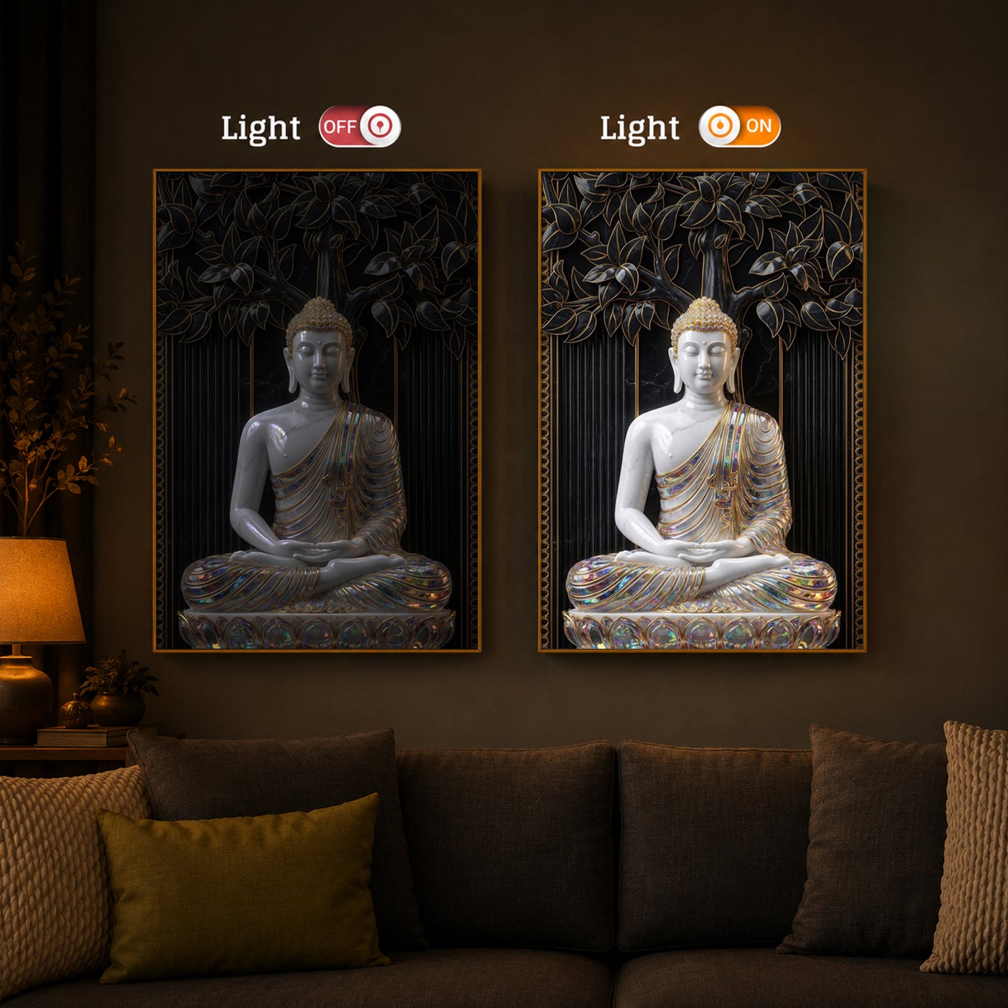Serene Buddha Meditation Pose Modern Luxury Backlight Vertical Wall Art
