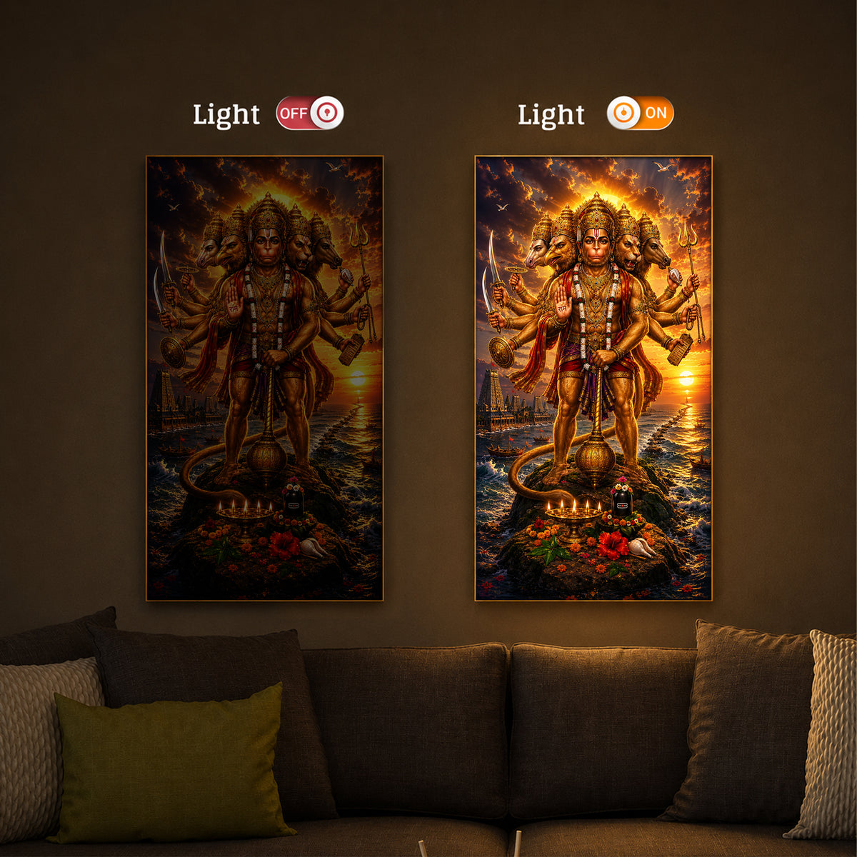 Powerful Panchmukhi Hanuman Ji Modern Luxury Backlight Vertical Wall Art