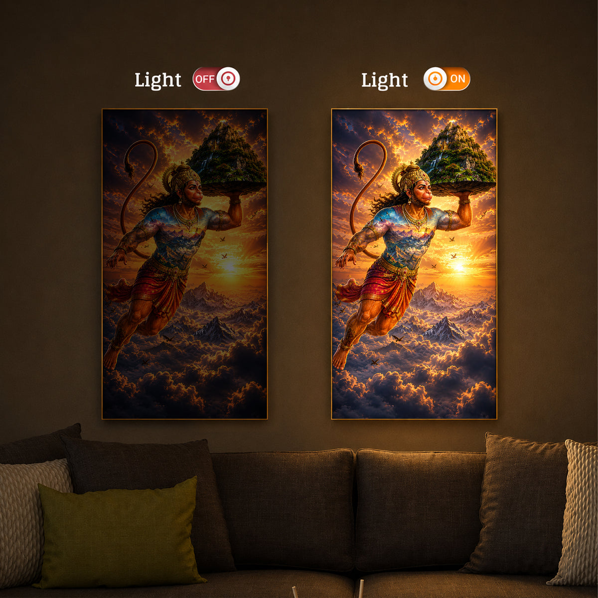 Lord Hanuman Carrying Sanjeevani Mountain Modern Luxury Backlight Vertical Wall Art