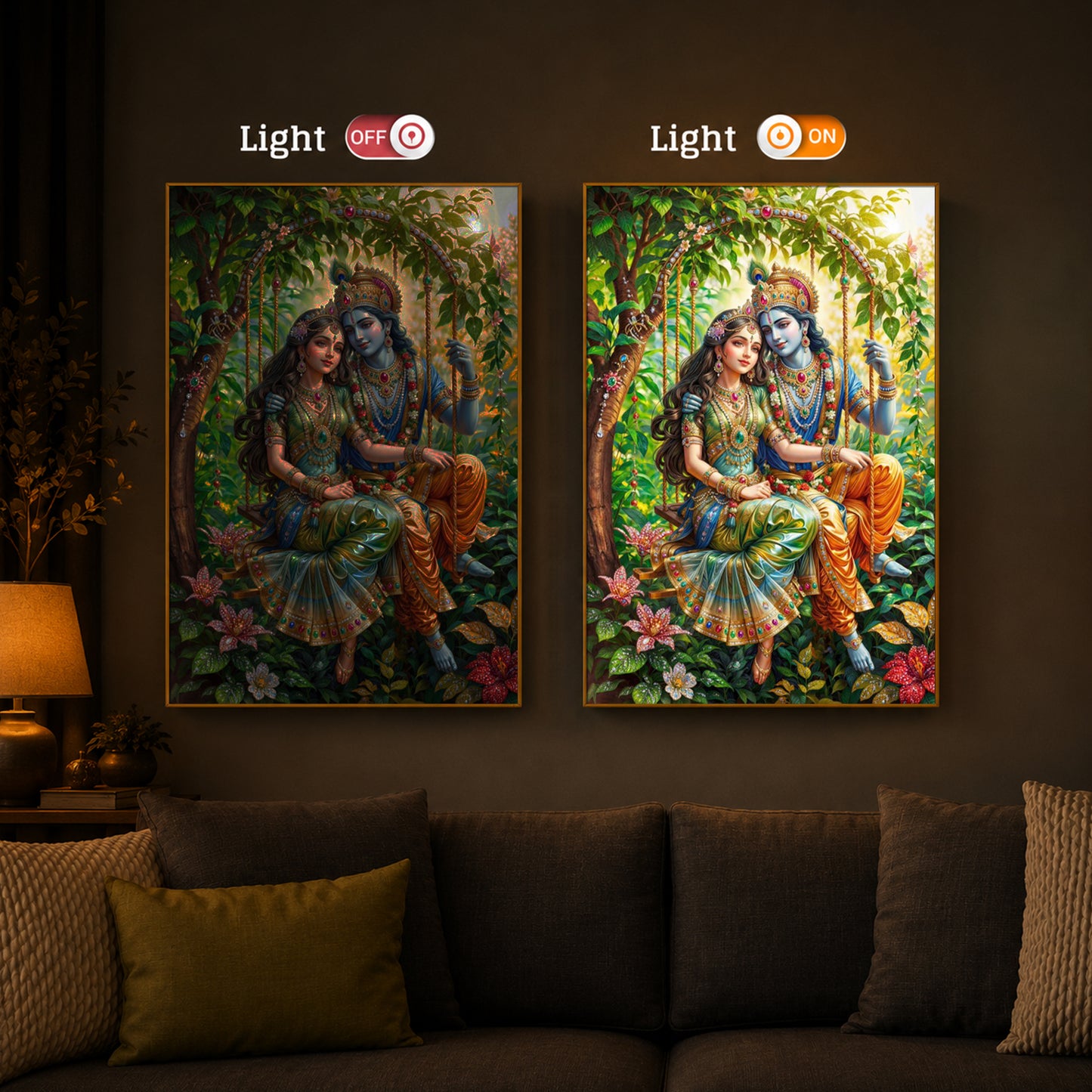 Radha Krishna Modern Luxury Backlight Vertical Wall Art