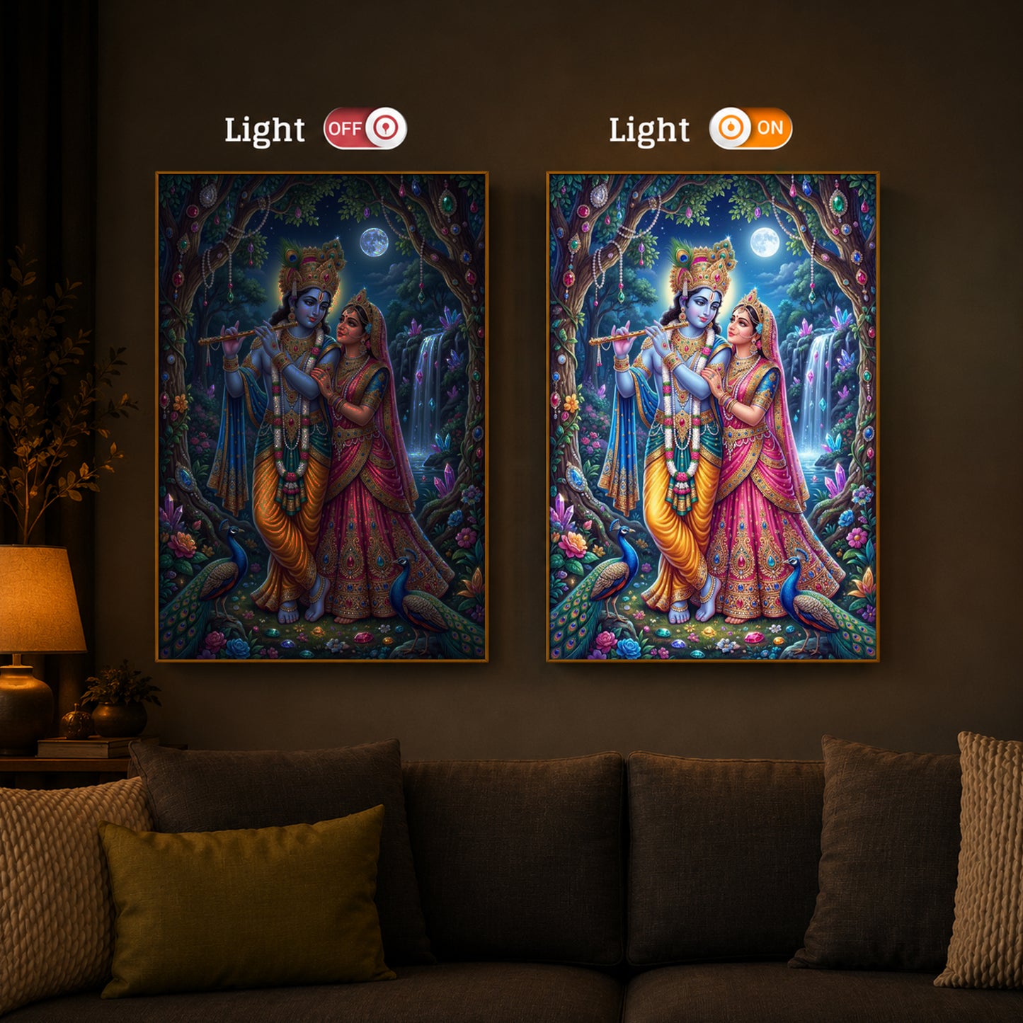 Eternal Love of Radha Krishna Modern Luxury Backlight Vertical Wall Art
