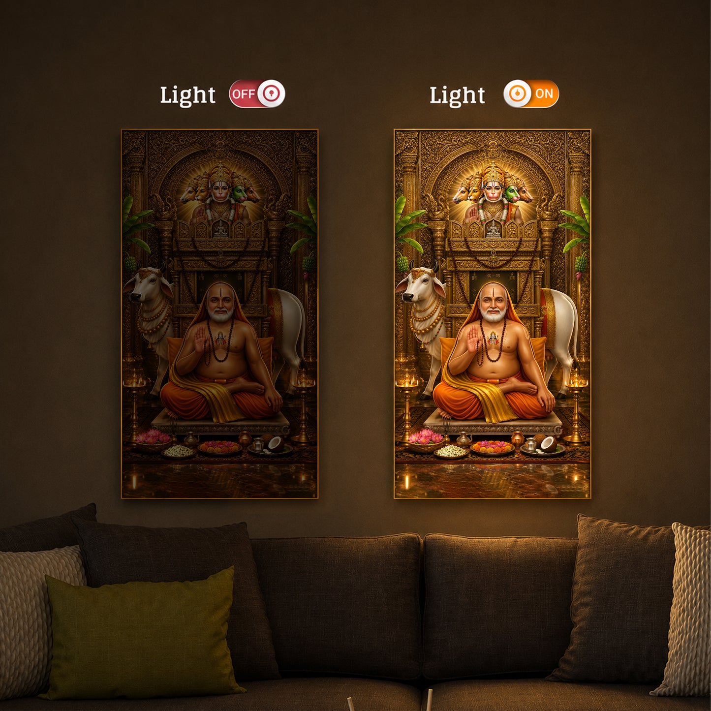 Sri Raghavendra Swamy With Cow Modern Luxury Backlight Vertical Wall Art