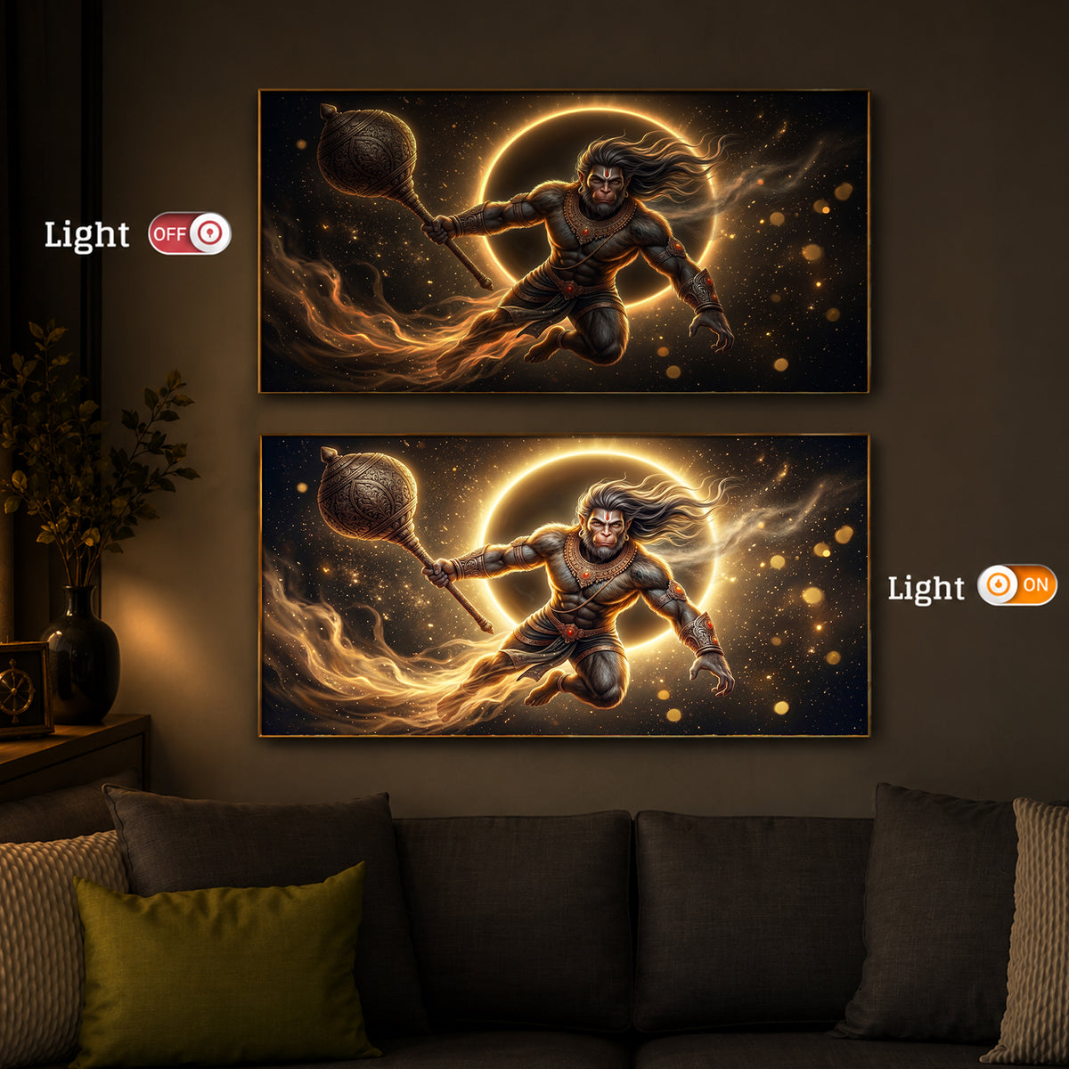 Lord Hanuman With Gada Modern Luxury Backlight Horizontal Wall Art