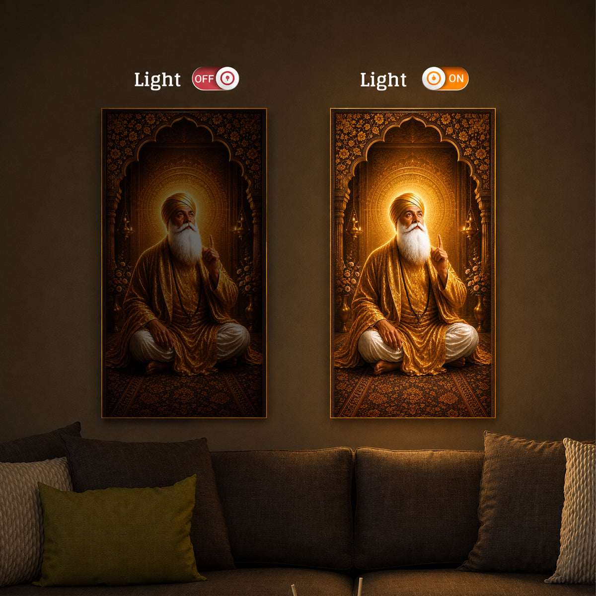 Divine Guru Nanak Dev Ji Golden Attire Modern Luxury Backlight Vertical Wall Art