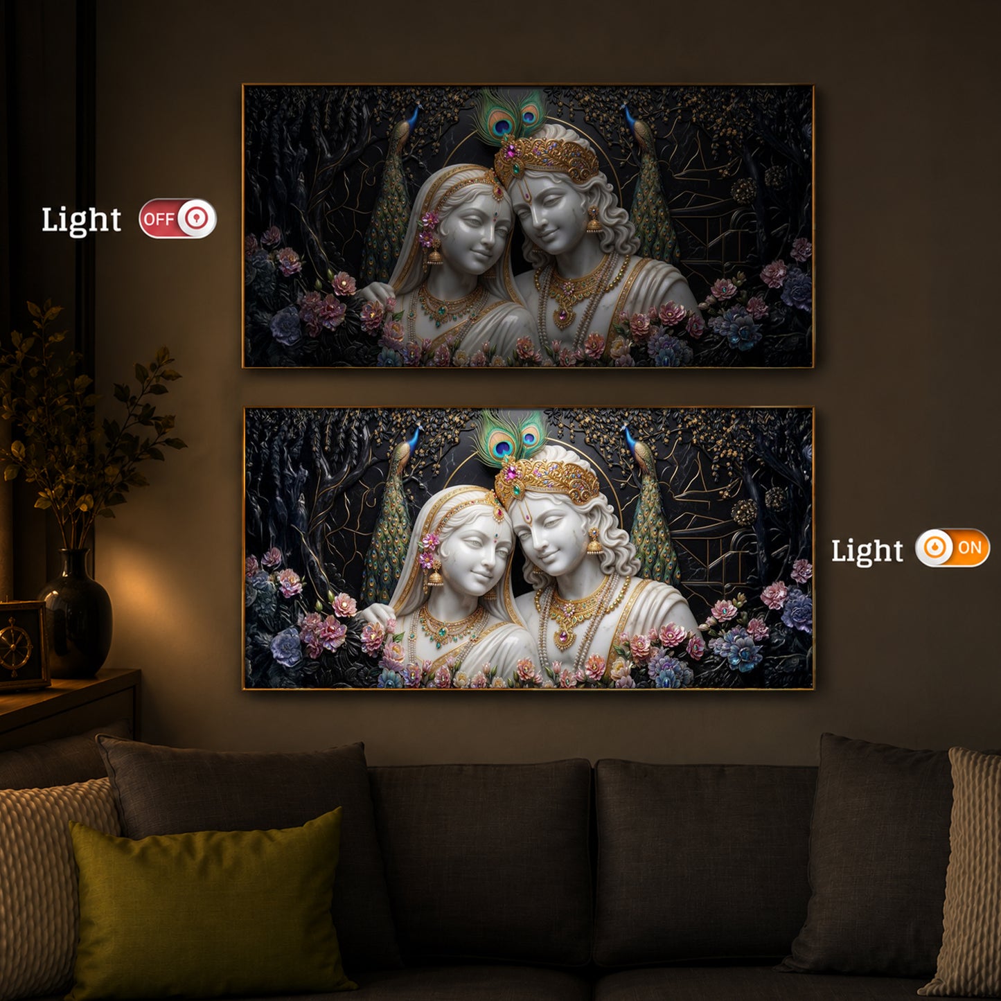 Beautiful Radha Krishna Modern Luxury Backlight Horizontal Wall Art