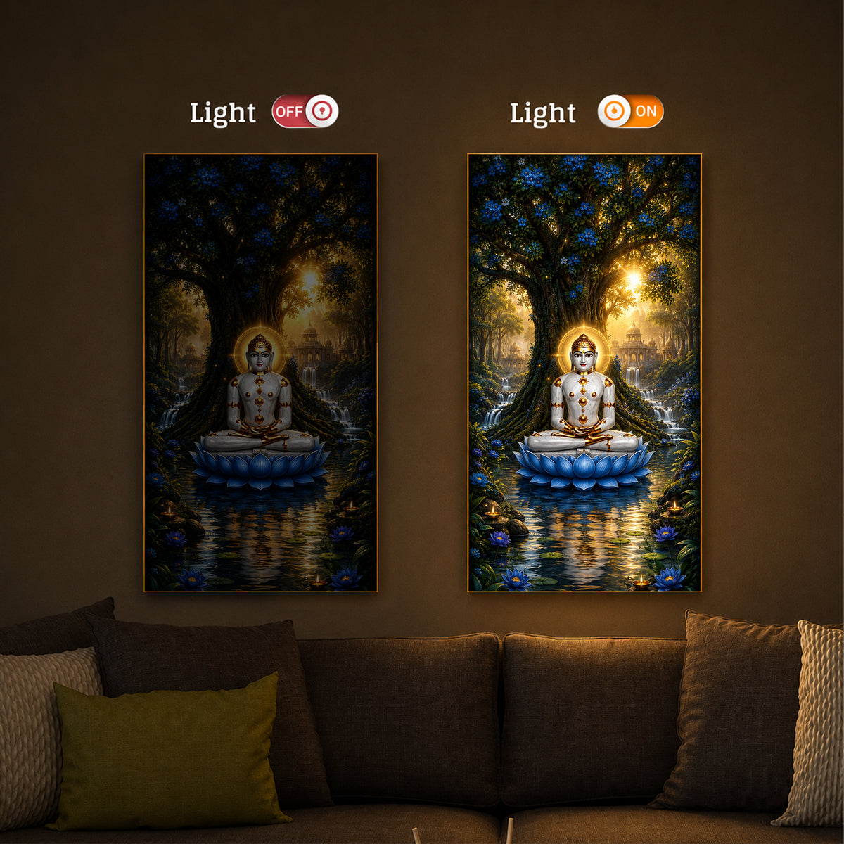 Divine Bhagwan Mahavir On Blue Lotus Modern Luxury Backlight Vertical Wall Art