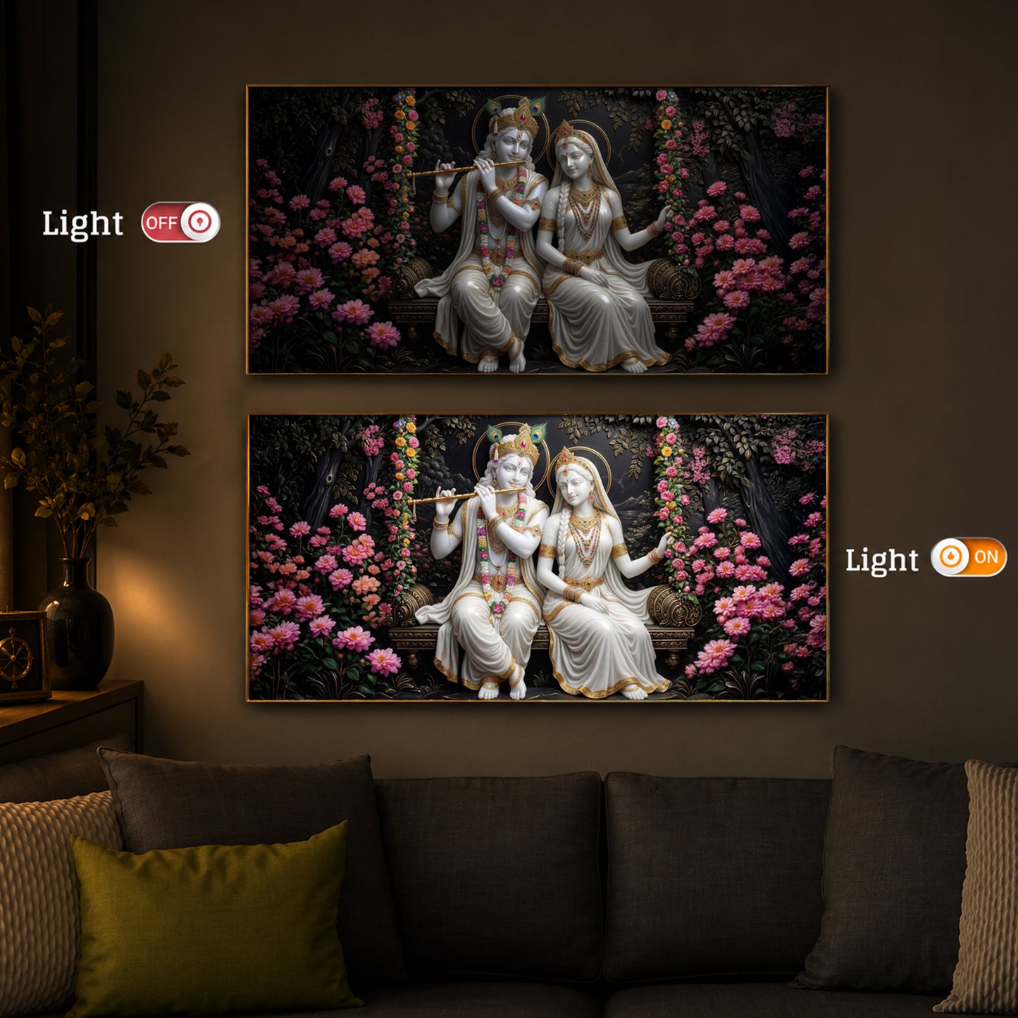 Radha Krishna With Flower Modern Luxury Backlight Horizontal Wall Art