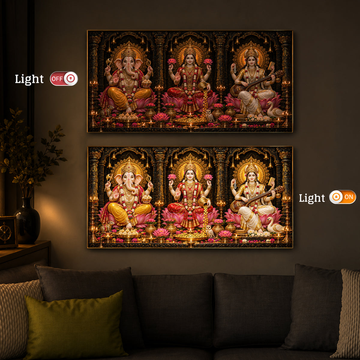 Goddess Lakshmi, Lord Ganesha and Goddess Saraswati Modern Luxury Backlight Horizontal Wall Art