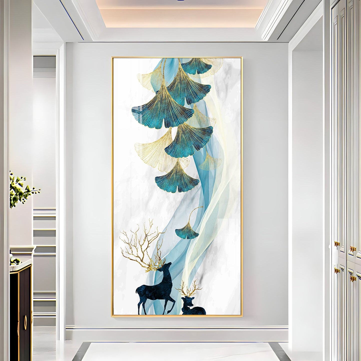 Beige Ginkgo Biloba with Deer Luxury Crystal Wall Art - The Next Decor