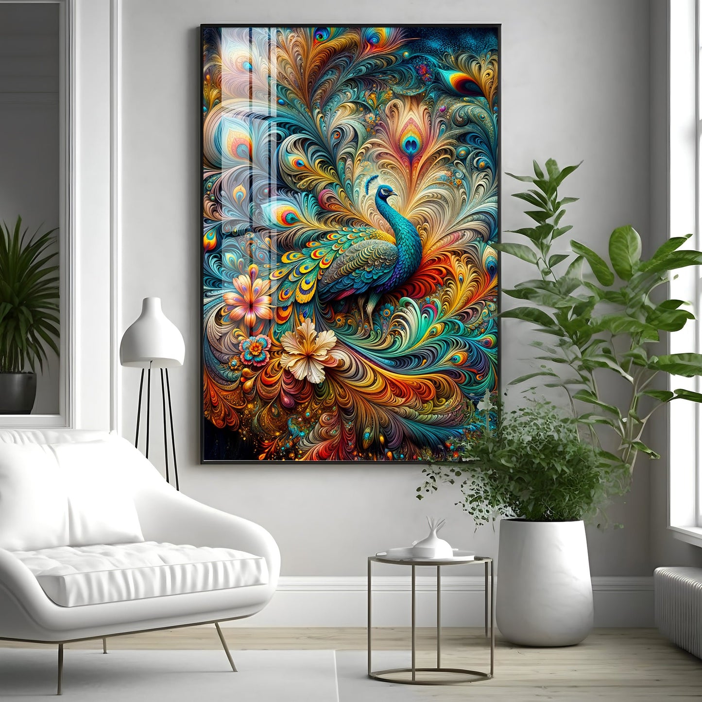 Chromatic Peacock Elegance Luxury Crystal Vertical Wall Art - The Next Decor