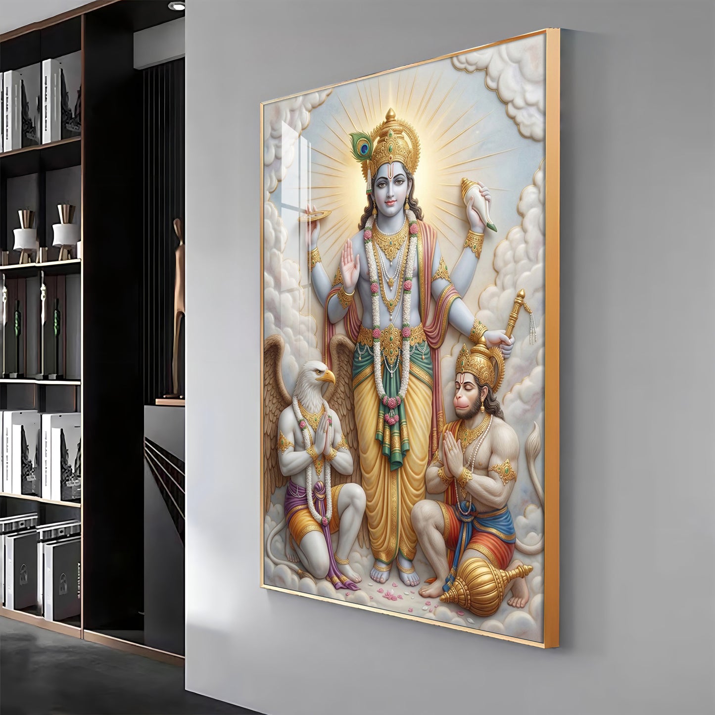 Lord Vishnu With Garuda And Hanuman Ji Premium Acrylic Vertical Wall Art