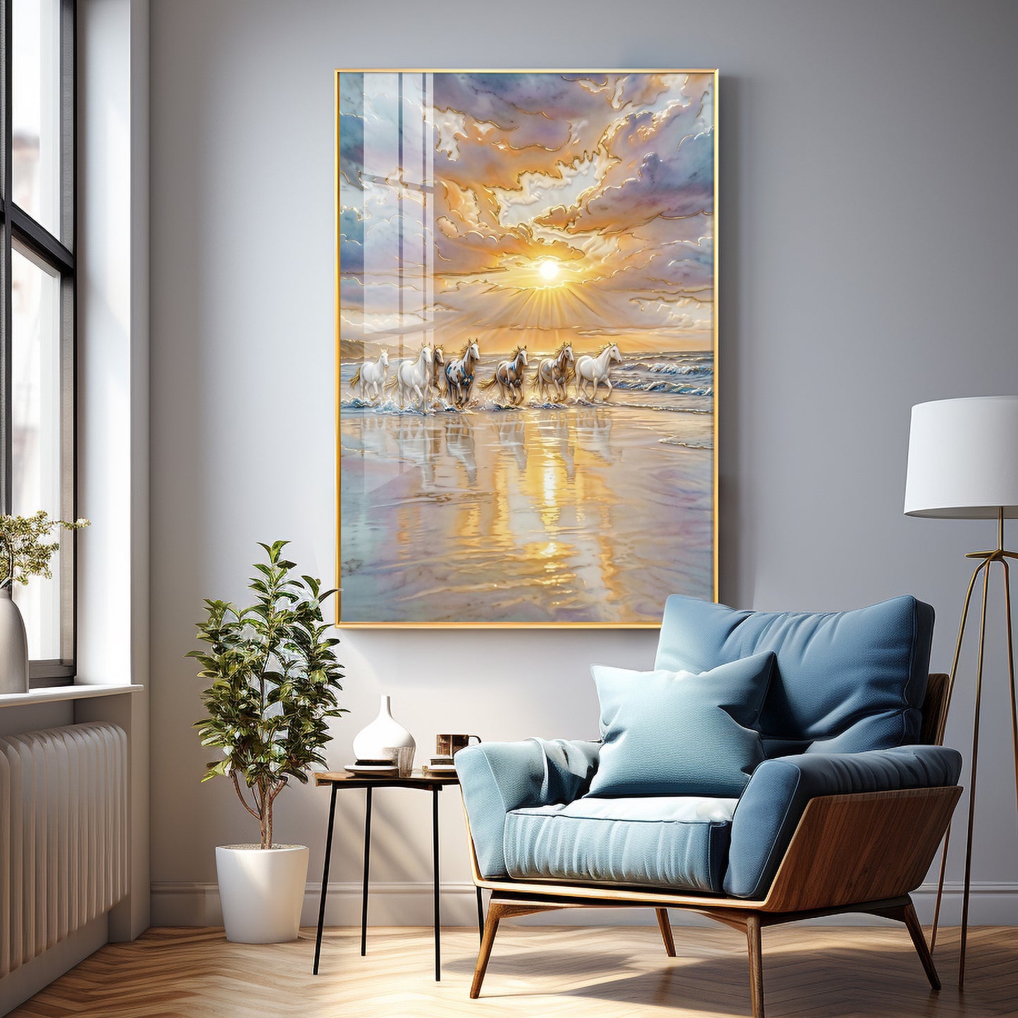 Depicting Seven White Horses Running Premium Acrylic Vertical Wall Art