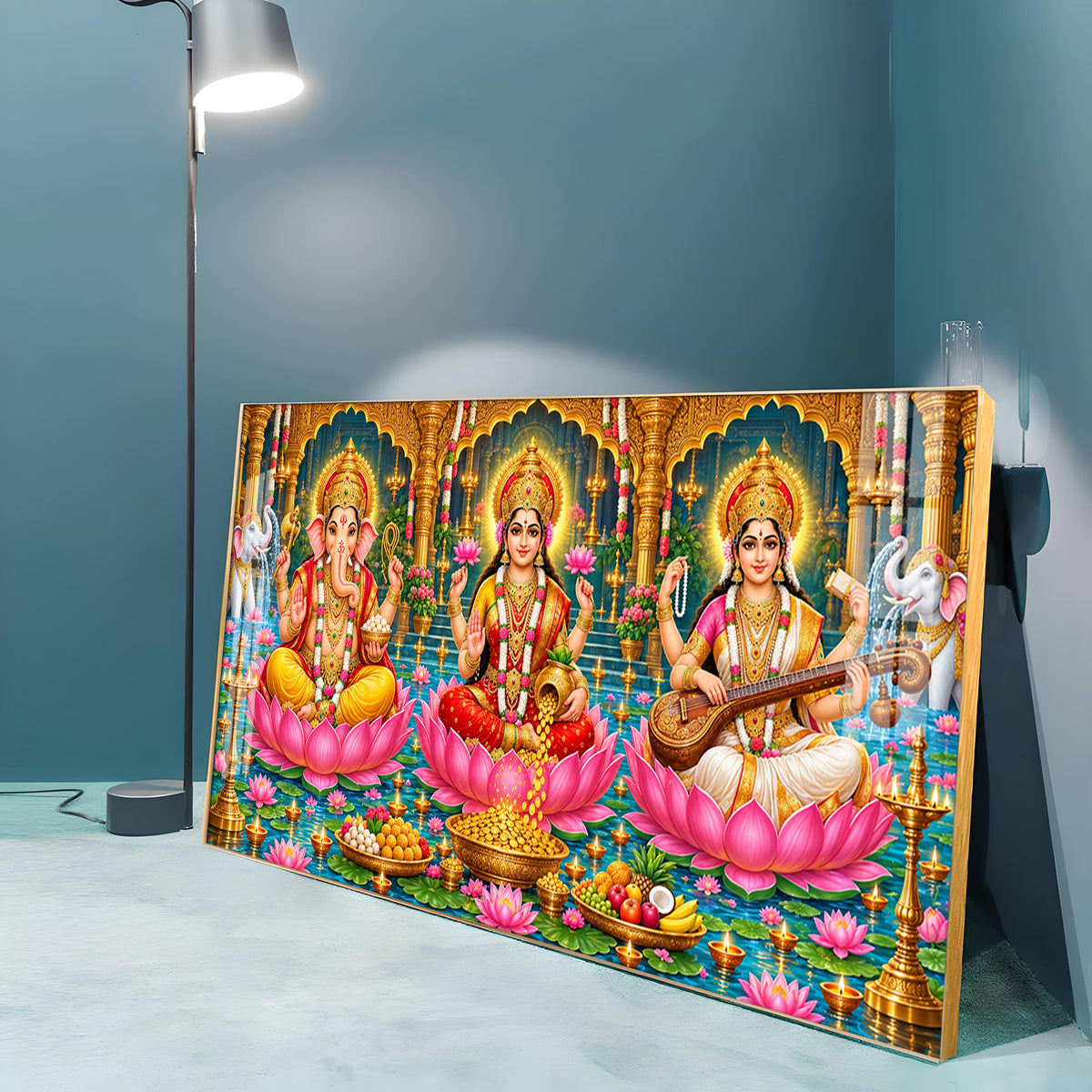 Divine Lord Ganesha, Goddess Lakshmi, and Goddess Saraswati Premium Acrylic Horizontal Wall Art