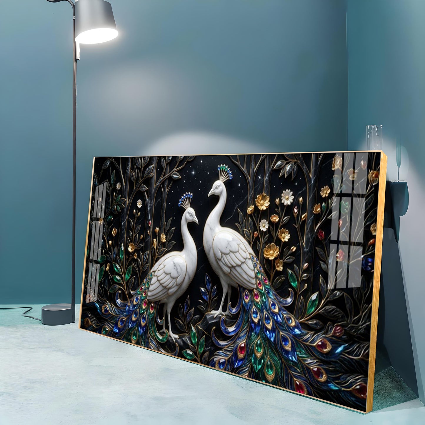 Two White Peacocks With Jewel Tails Premium Acrylic Horizontal Wall Art