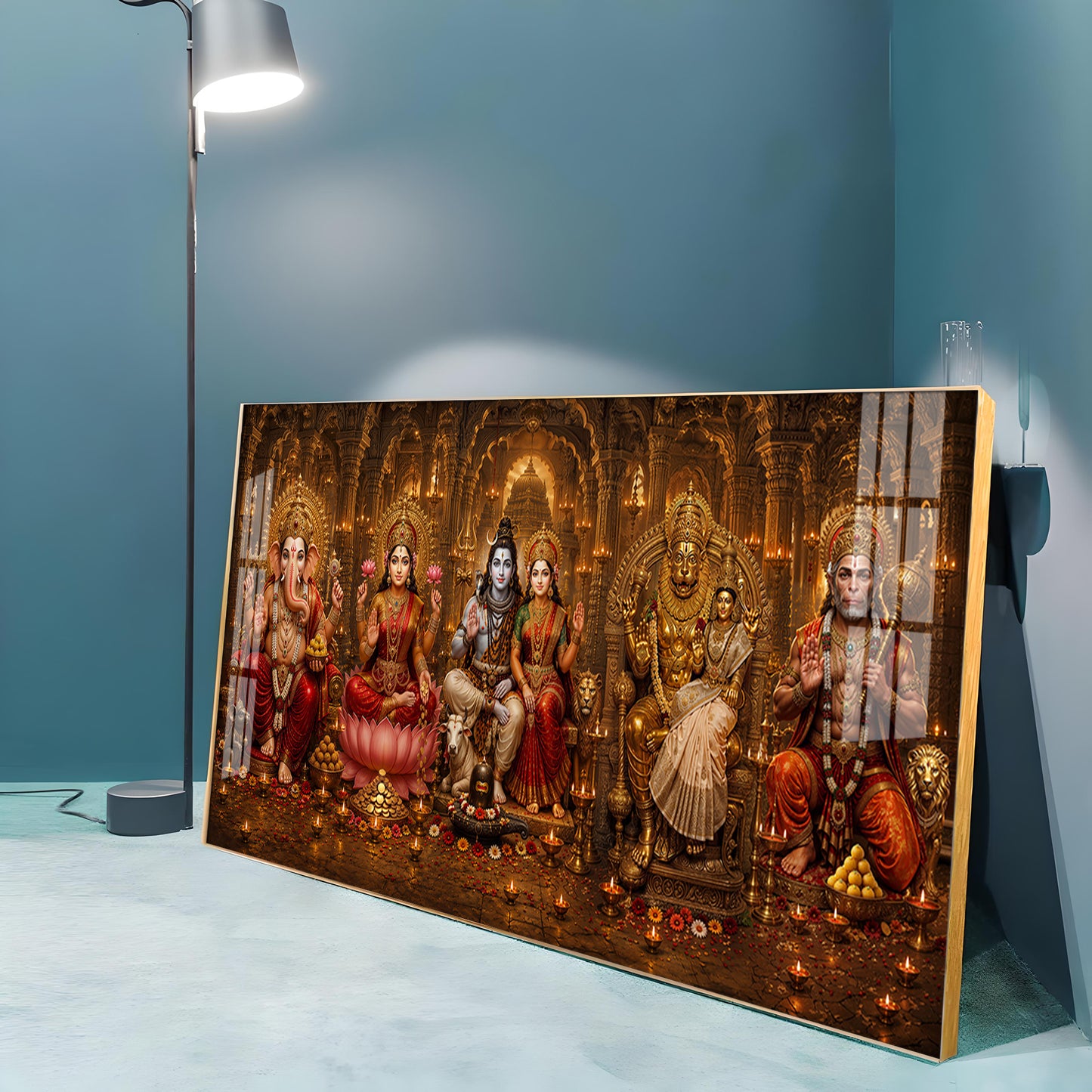 Ganesha, Lakshmi, Shiv Parvati, Narsing Dev,& Hanuman Ji Premium Acrylic Horizontal Wall Art