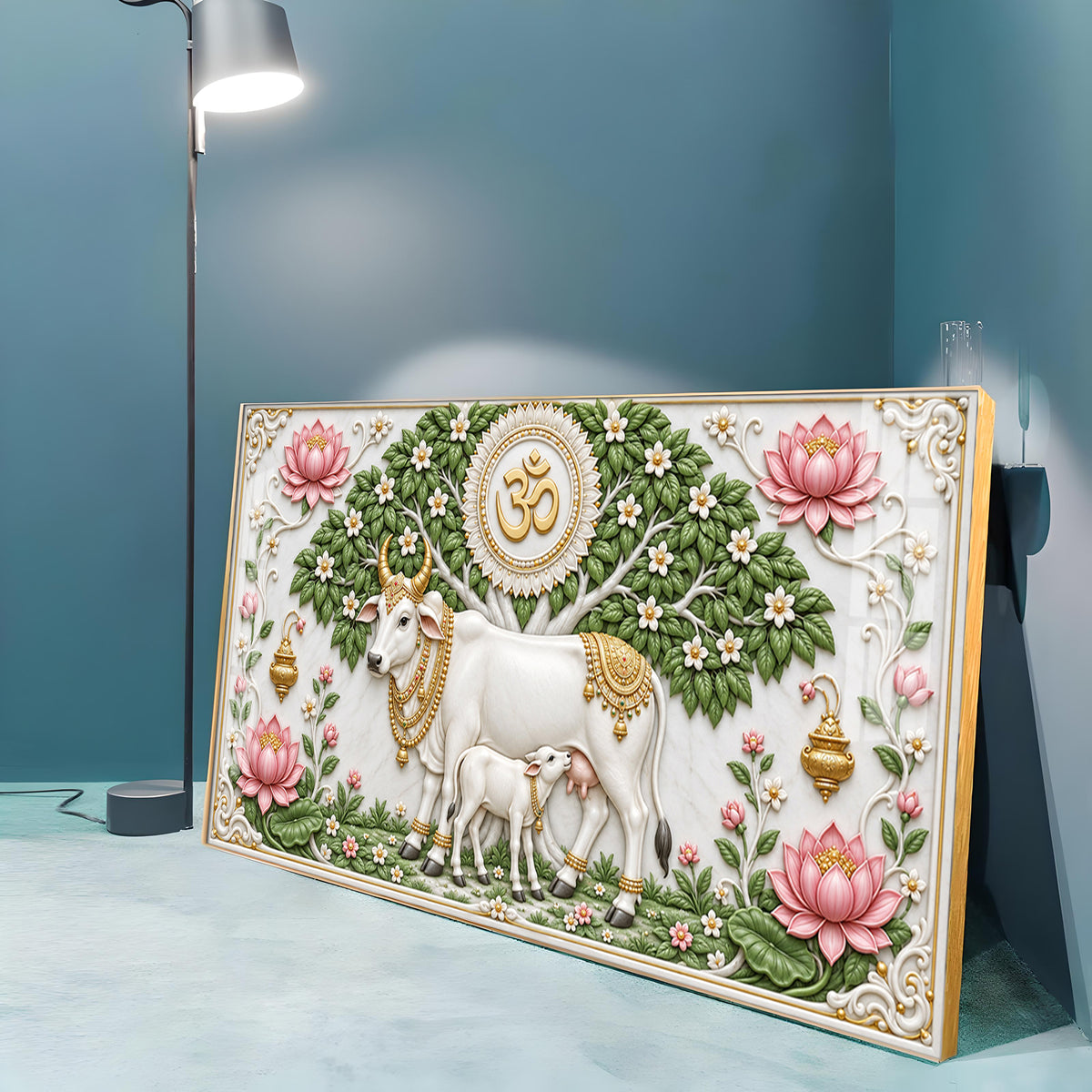 Sacred Kamdhenu Cow Calf Premium Acrylic Horizontal Wall Art