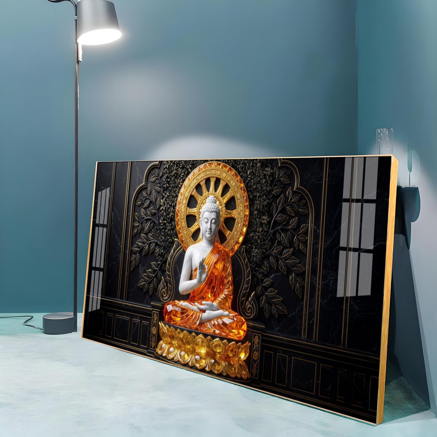 Buddha Meditating Gold & White Premium Acrylic Horizontal Wall Art