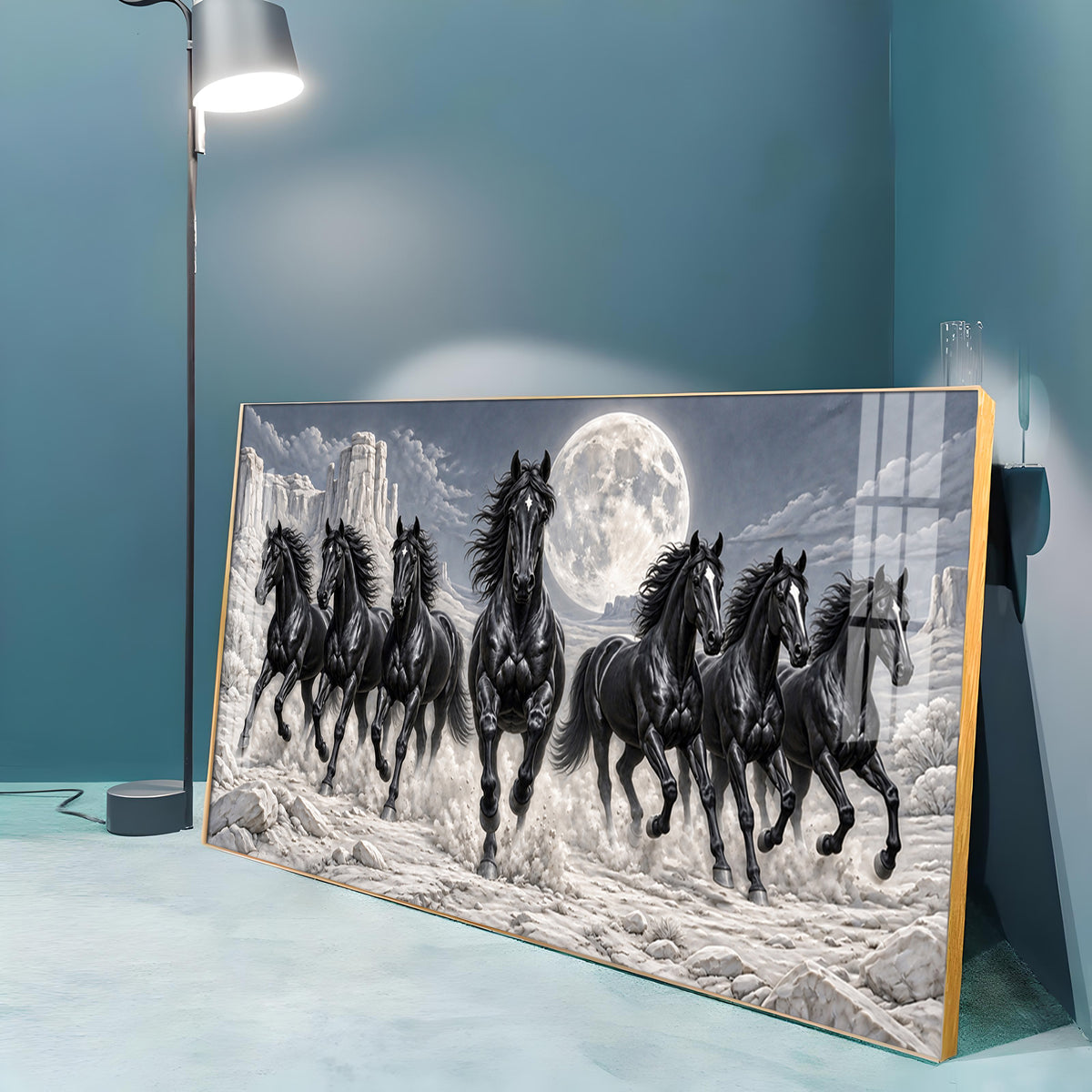 Seven Running Black Horses Premium Acrylic Horizontal Wall Art