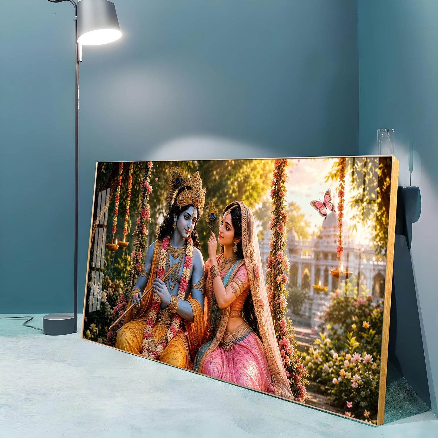Krishna With Radha Seated Together Premium Acrylic Horizontal Wall Art