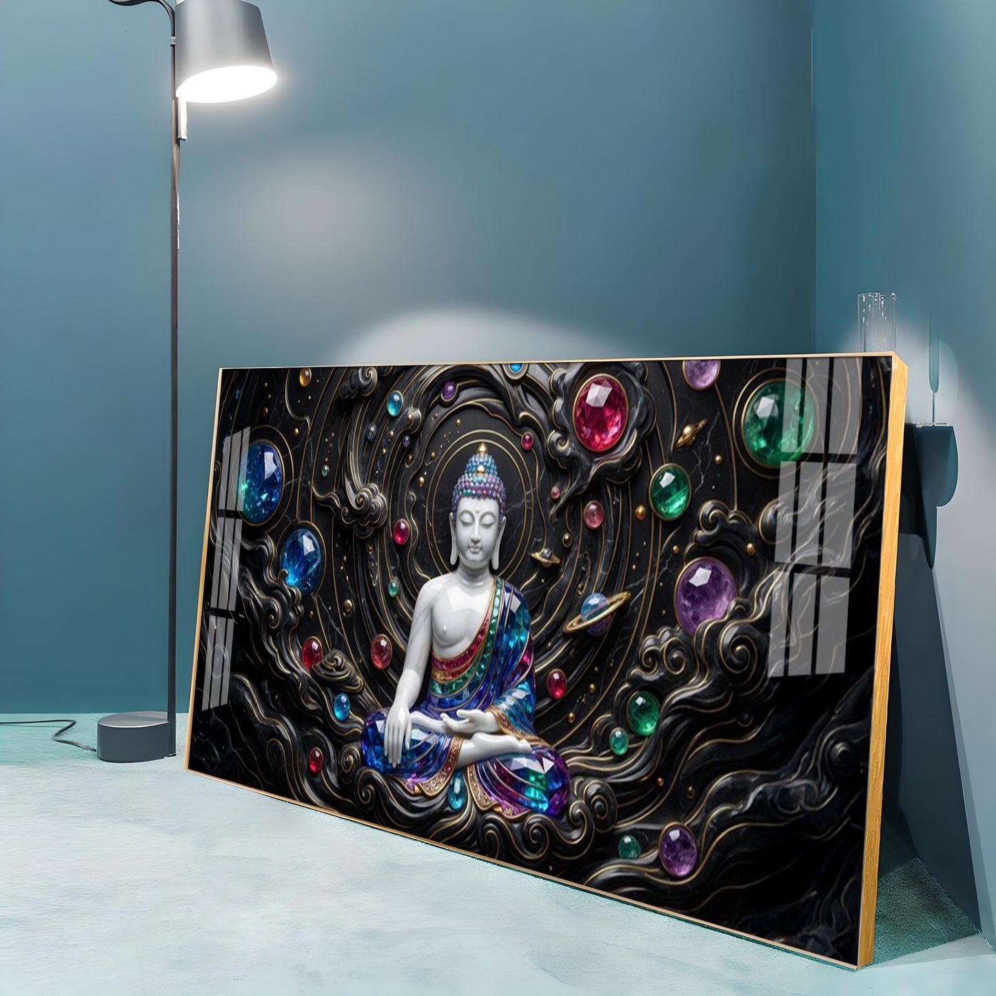 Divine Buddha With Crystal Spheres Premium Acrylic Horizontal Wall Art