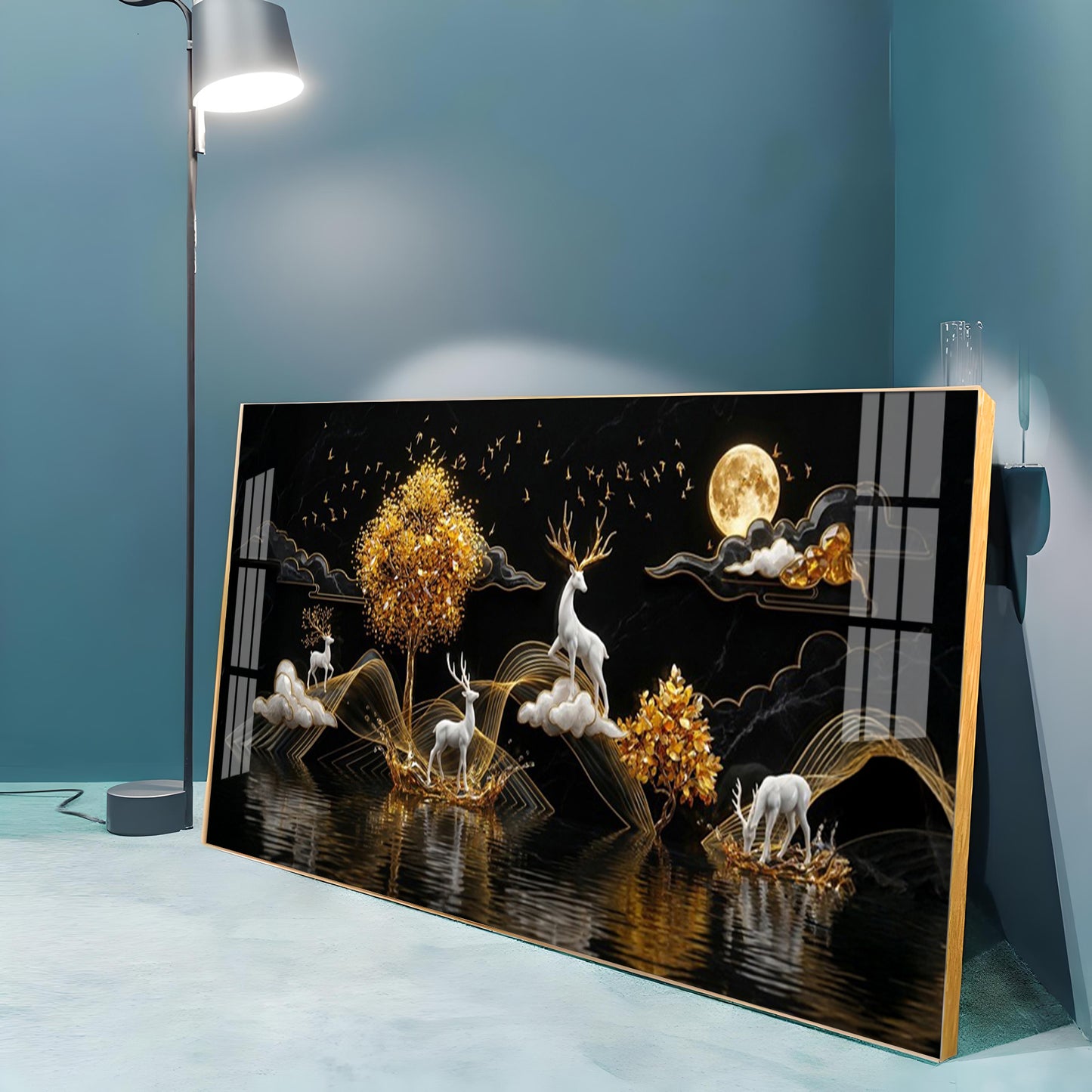 Moonlit Golden Deer Night Theam Premium Acrylic Horizontal Wall Art