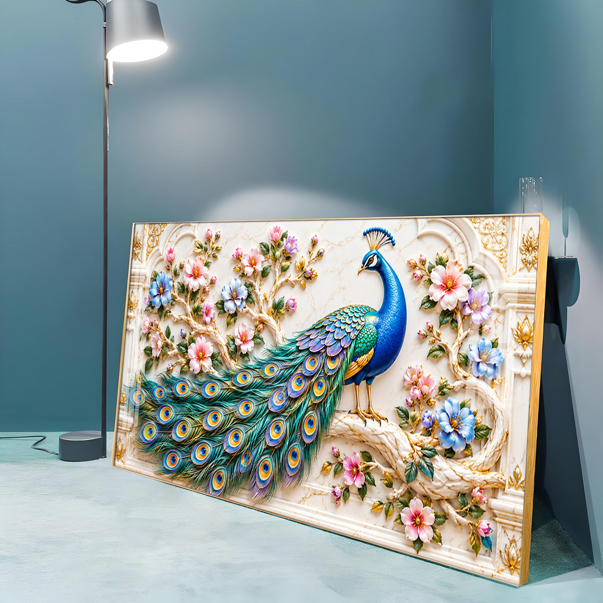 Majestic Peacock Floral Premium Acrylic Horizontal Wall Art