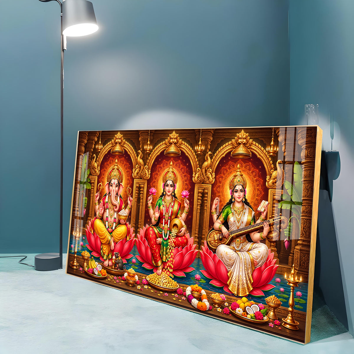 Lord Ganesha, Goddess Lakshmi and Goddess Saraswati Premium Acrylic Horizontal Wall Art