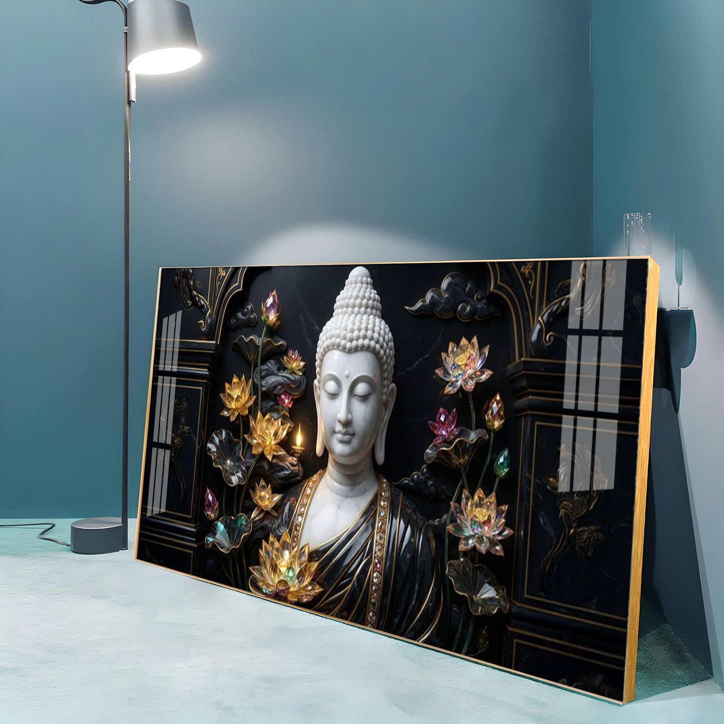 Buddha's Floral Embrace Premium Acrylic Horizontal Wall Art