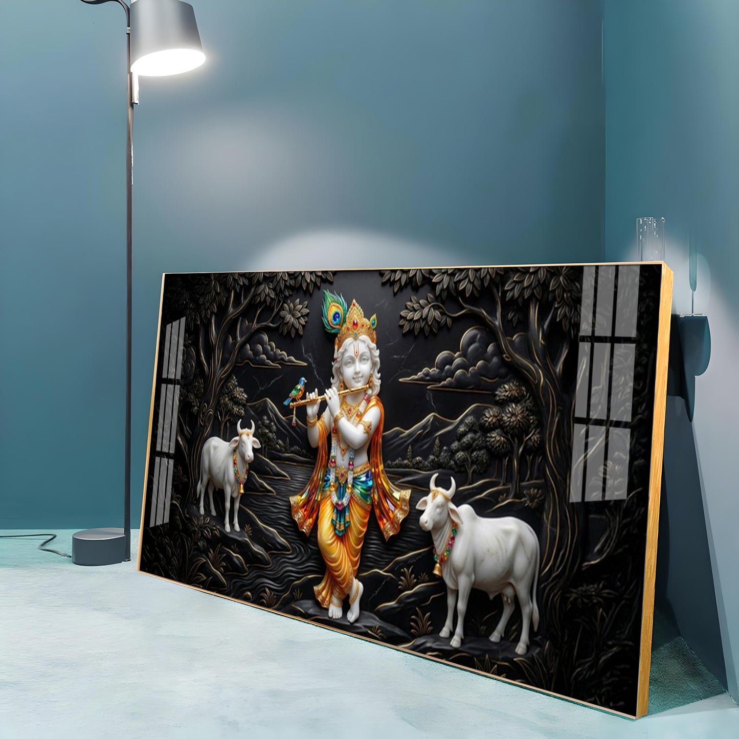 Lord Krishna With Cows Premium Acrylic Horizontal Wall Art