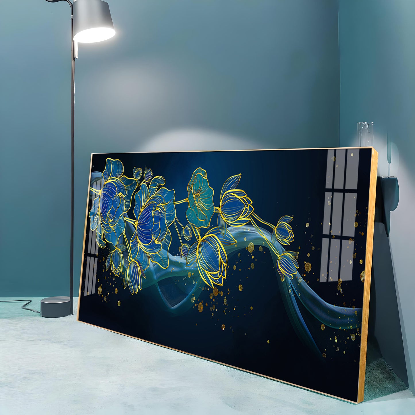 Lotus Flowers In Blue Tones Premium Acrylic Horizontal Wall Art