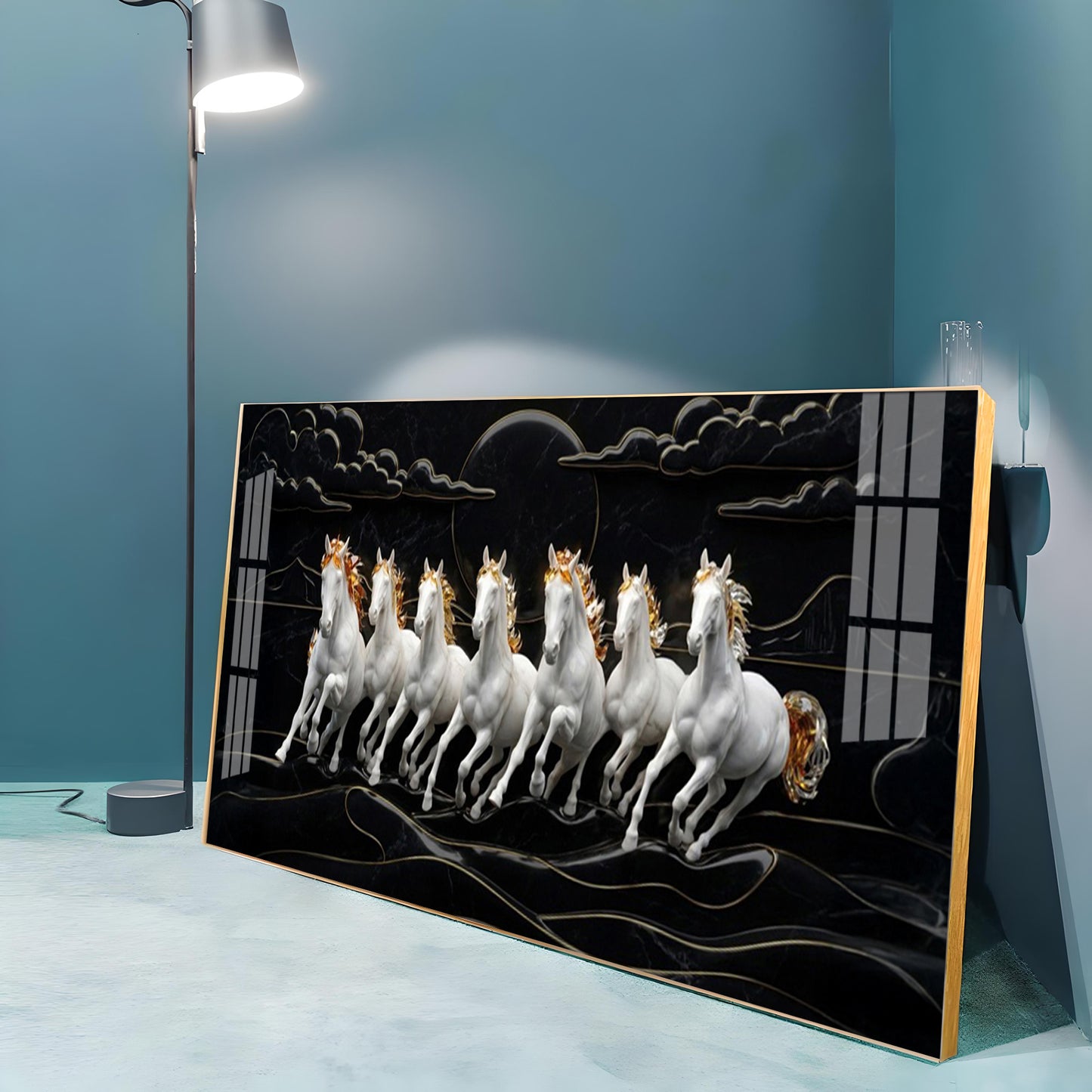 White Seven Horses in the Dark Premium Acrylic Horizontal Wall Art
