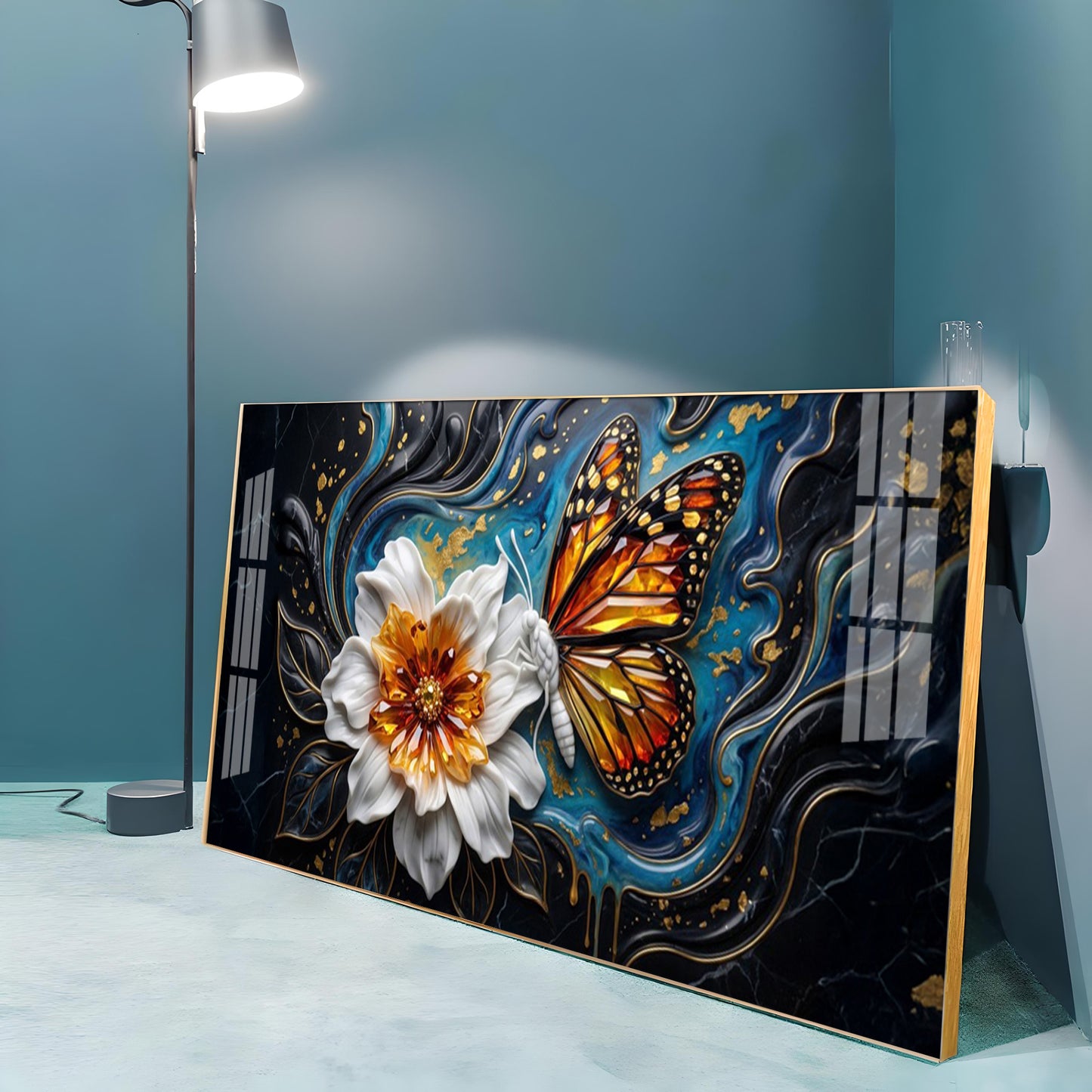 Butterfly Blossom With White Flower Premium Acrylic Horizontal Wall Art