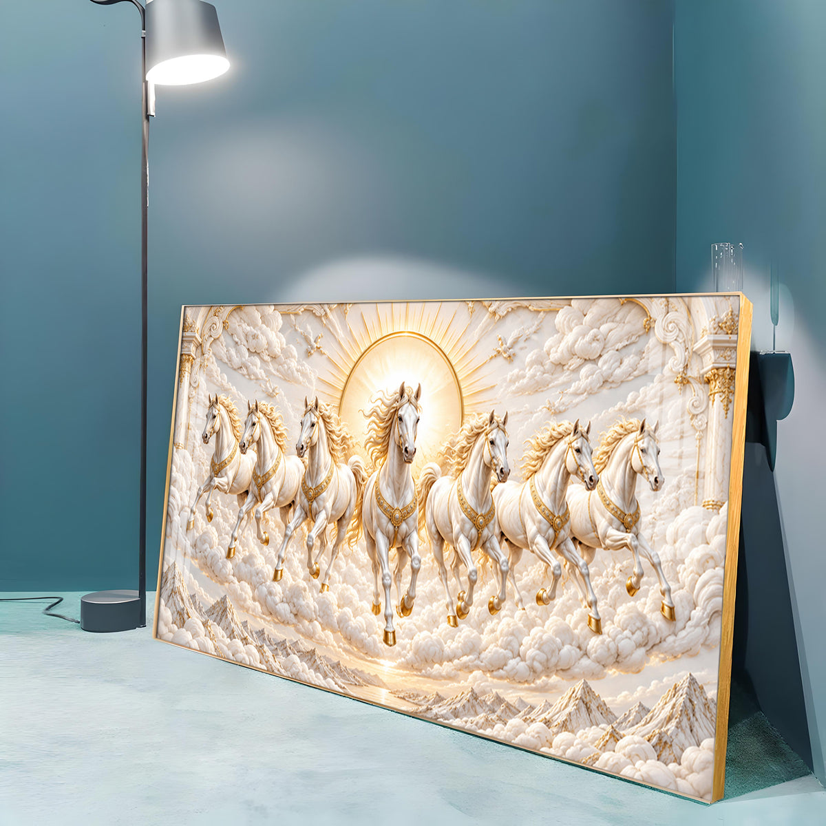 Seven Golden White Horses Premium Acrylic Horizontal Wall Art
