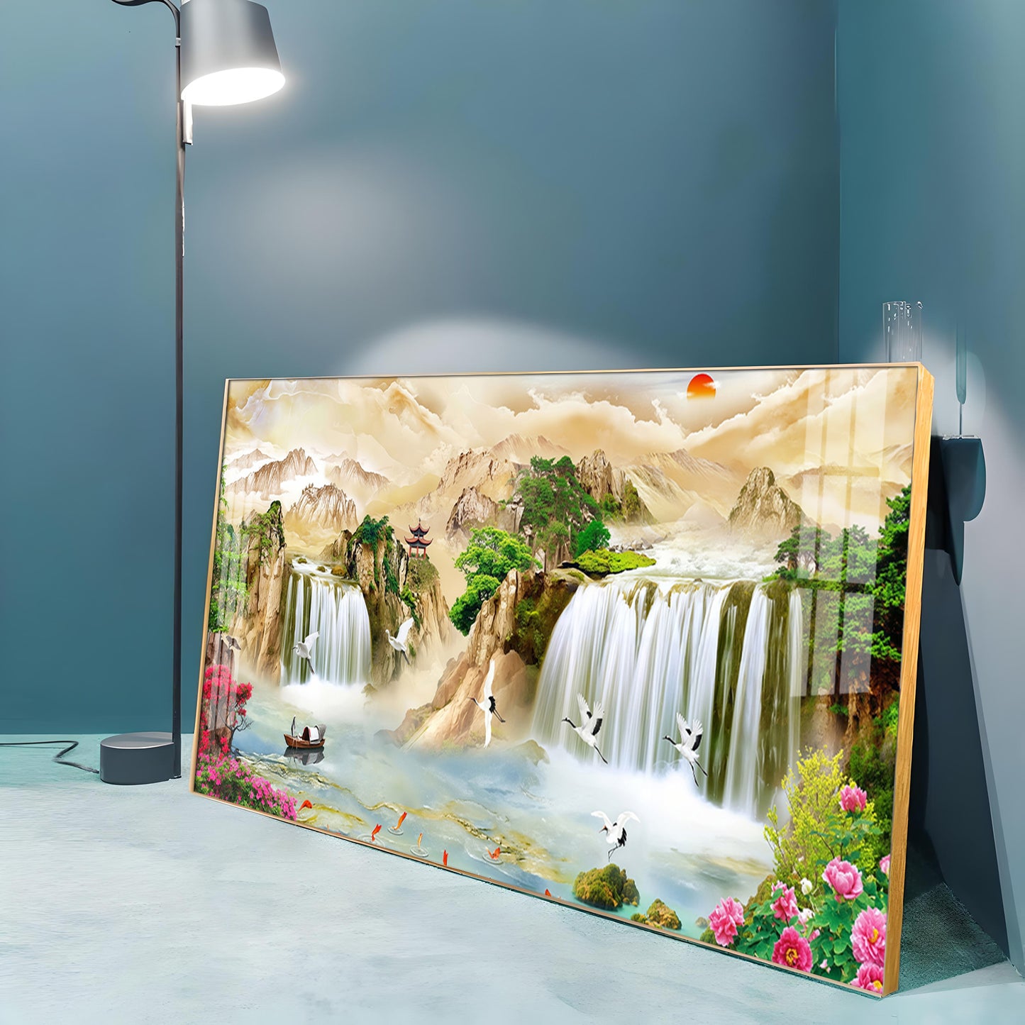 Serene Landscape With Cranes & Flowers Premium Acrylic Horizontal Wall Art
