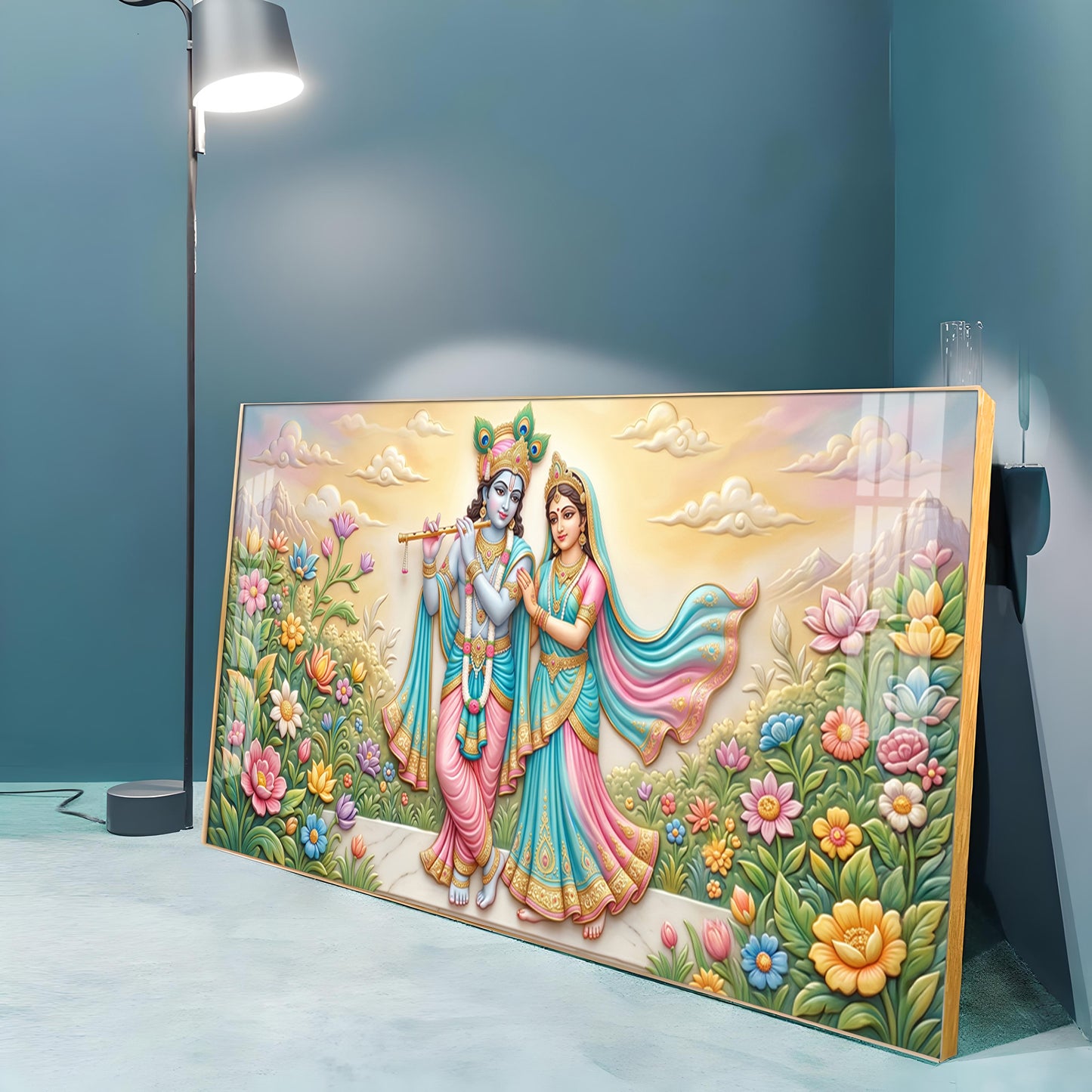 Krishna Playing The Flute Beside Radha Premium Acrylic Horizontal Wall Art