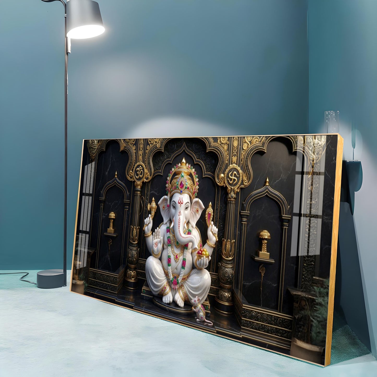 White & Gold Lord Ganesha Premium Acrylic Horizontal Wall Art