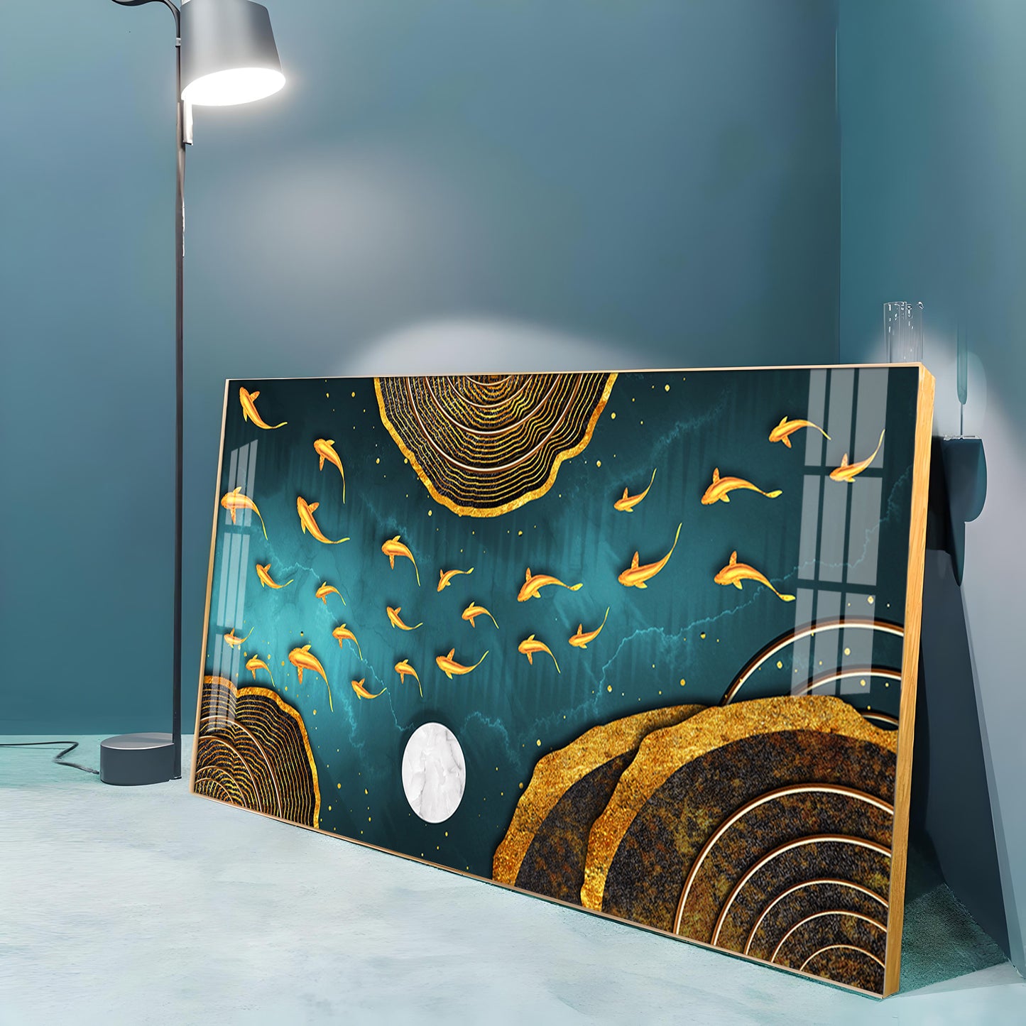 Features Golden Koi Fish Premium Acrylic Horizontal Wall Art